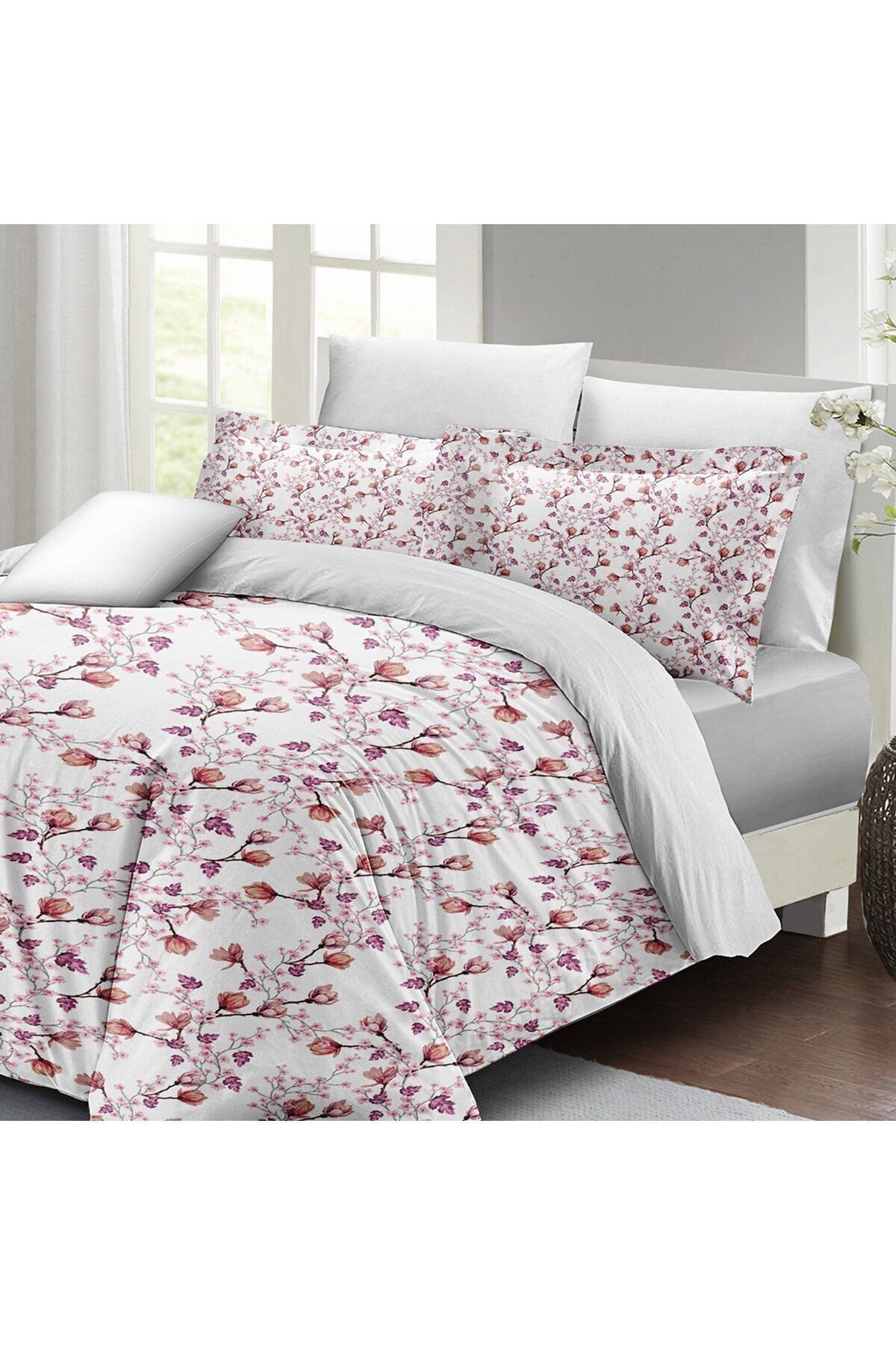 Lastikli Çarşaflı %100 Pamuk Saten Çift Kişilik Nevresim Takımı Cherry Blossom Luxury