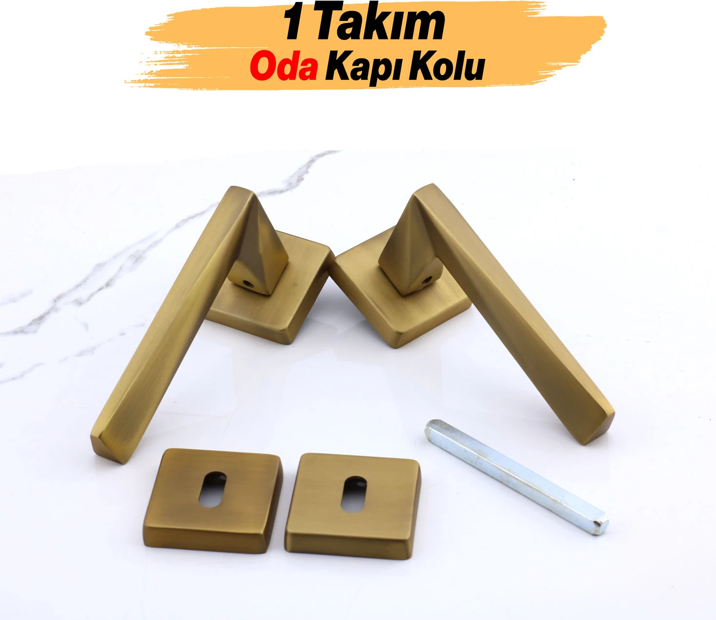 Oda Kapı Kolu Kare Rozetli Antik Sarı Sürgülü ve Çelik Kapı Kulpu Uyumlu Sağ Sol Uygun Kolları