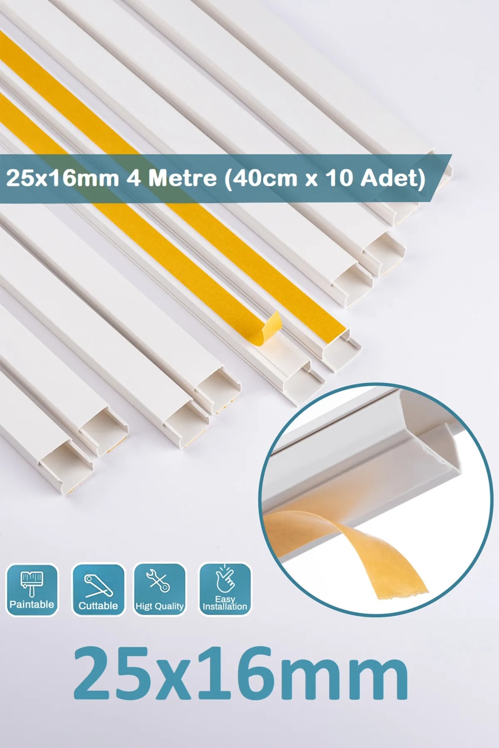 4 Metre Kedinden 25X16MM Yapışkanlı Kablo Kanalı | 4m (10 Adet x 40CM) Kablo Gizleyici |