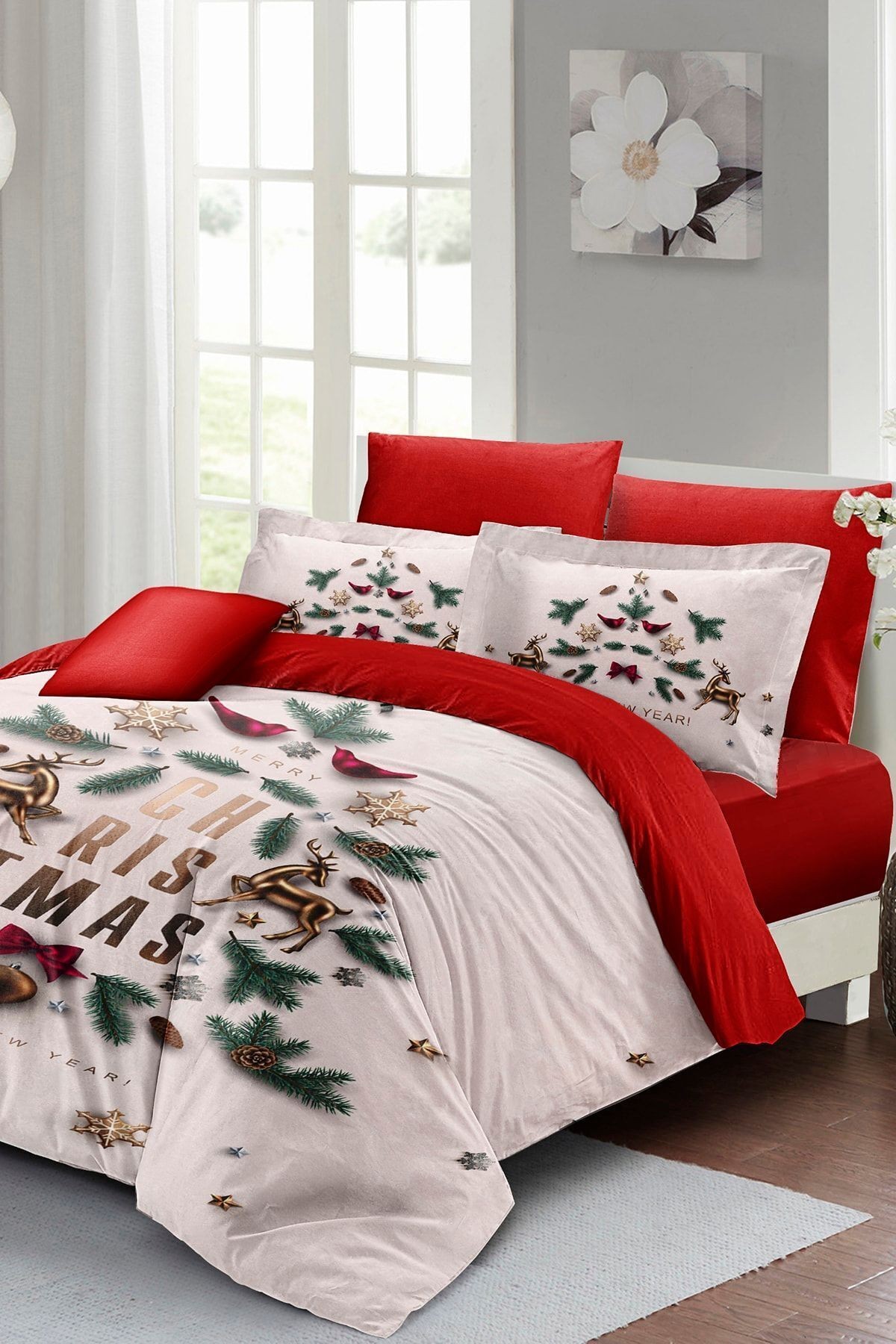 Yılbaşı Süsü White Noel %100 Pamuk Saten 3d Çift Kişilik Nevresim Takımı