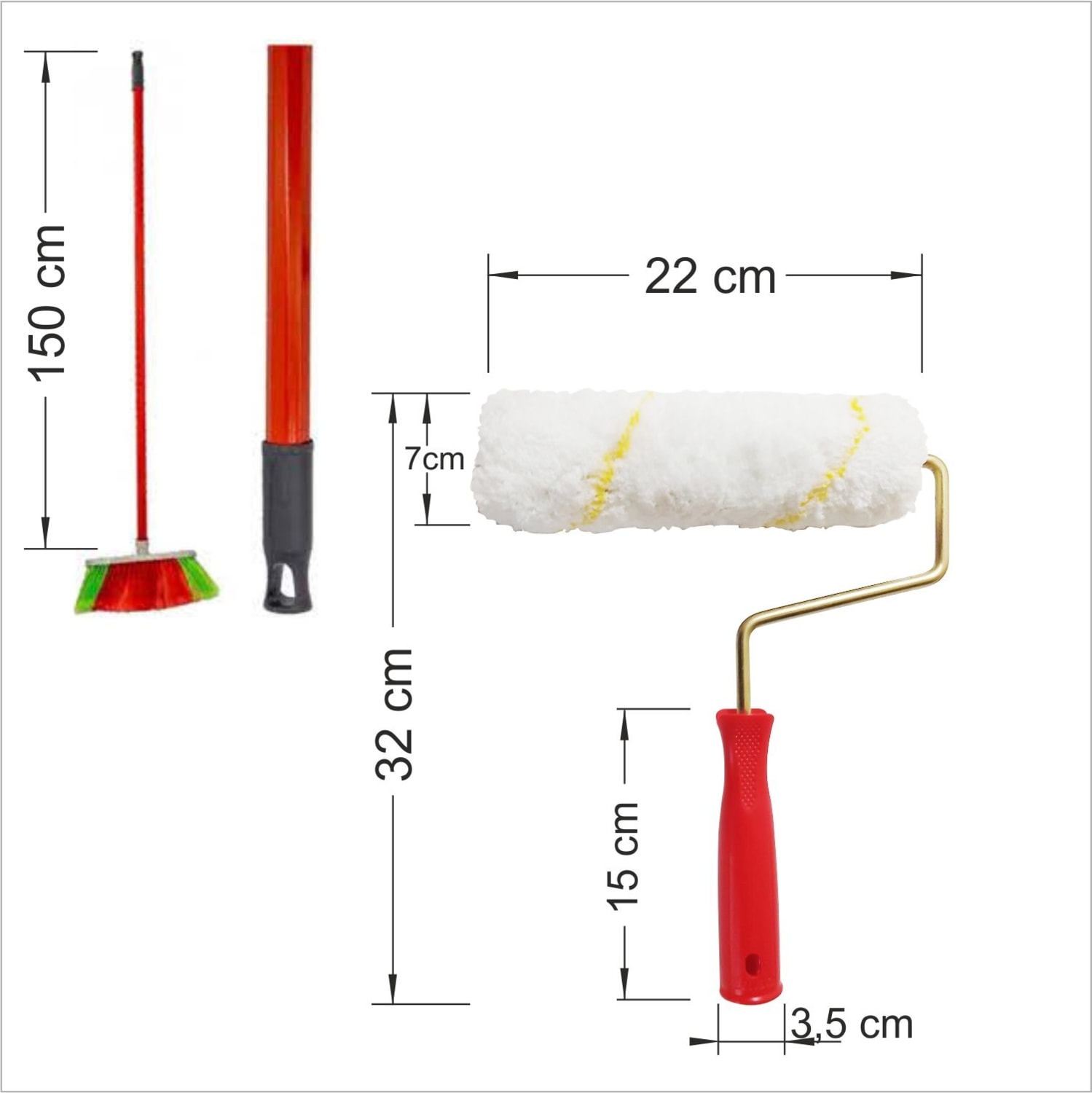 Geniş 25 cm Boya Rulolu Merdaneli Oto Yıkama Fırçalı 150 cm Uzun Metal Süpürge Sapı Sap Çubuk Oklav