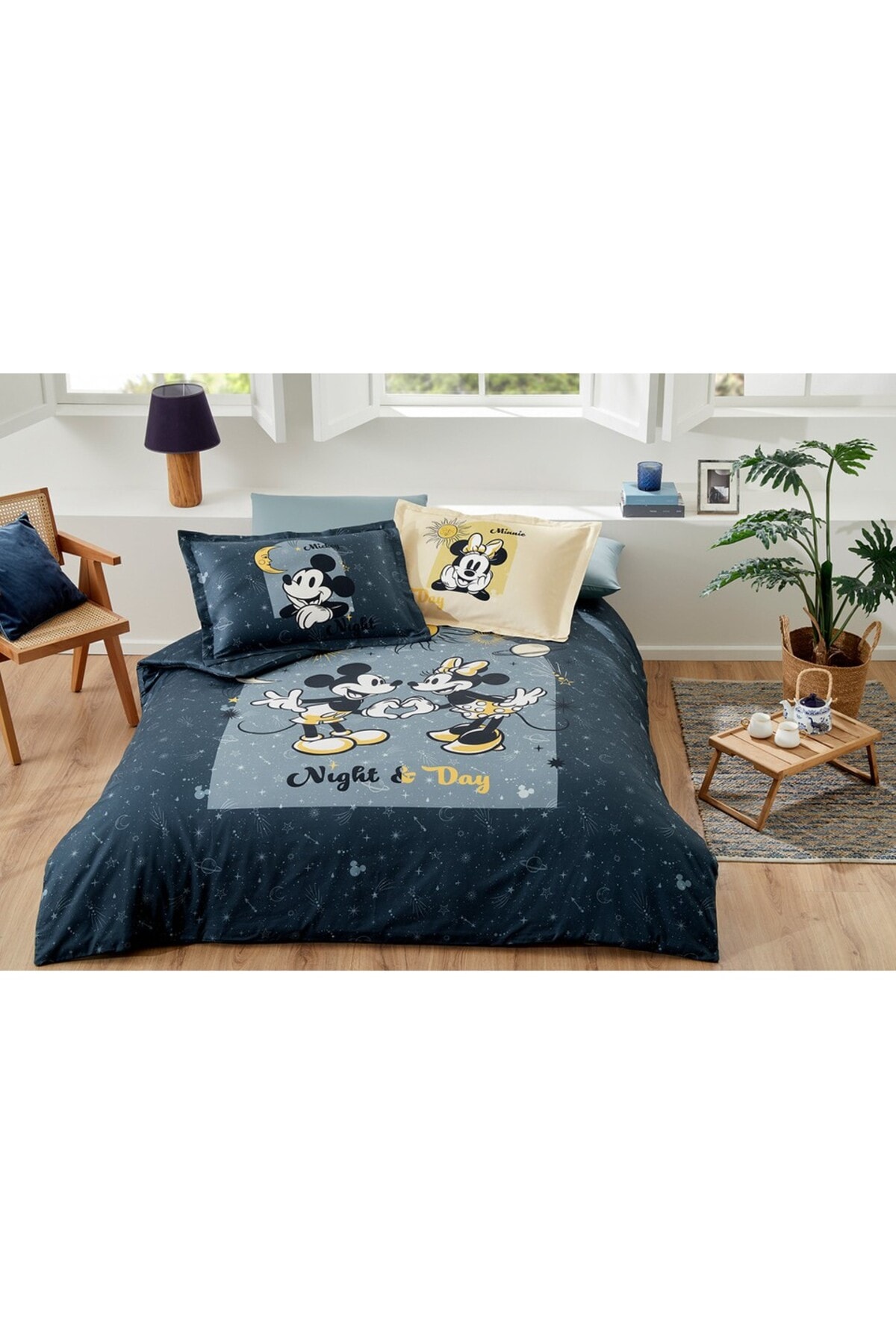 Mickey & Minnie Day Mavi Çift Kişilik Disney Lisanslı Lastikli Çarşaf Nevresim Takımı