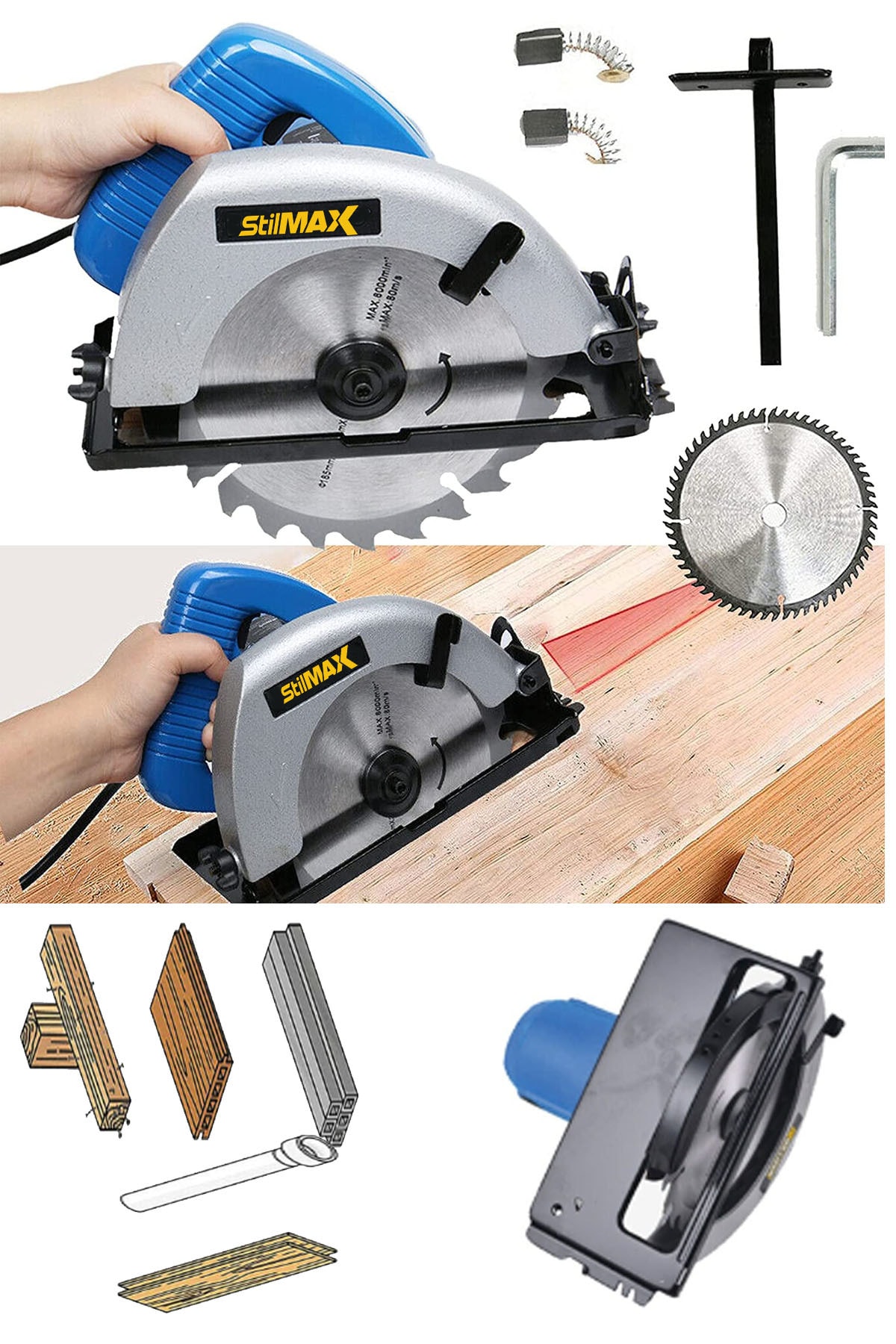 Metal Çift Dişli Sistem Bakır Motor Ahşap Sunta Kesme Daire Testere Makinesi 1600 Watt 185mm