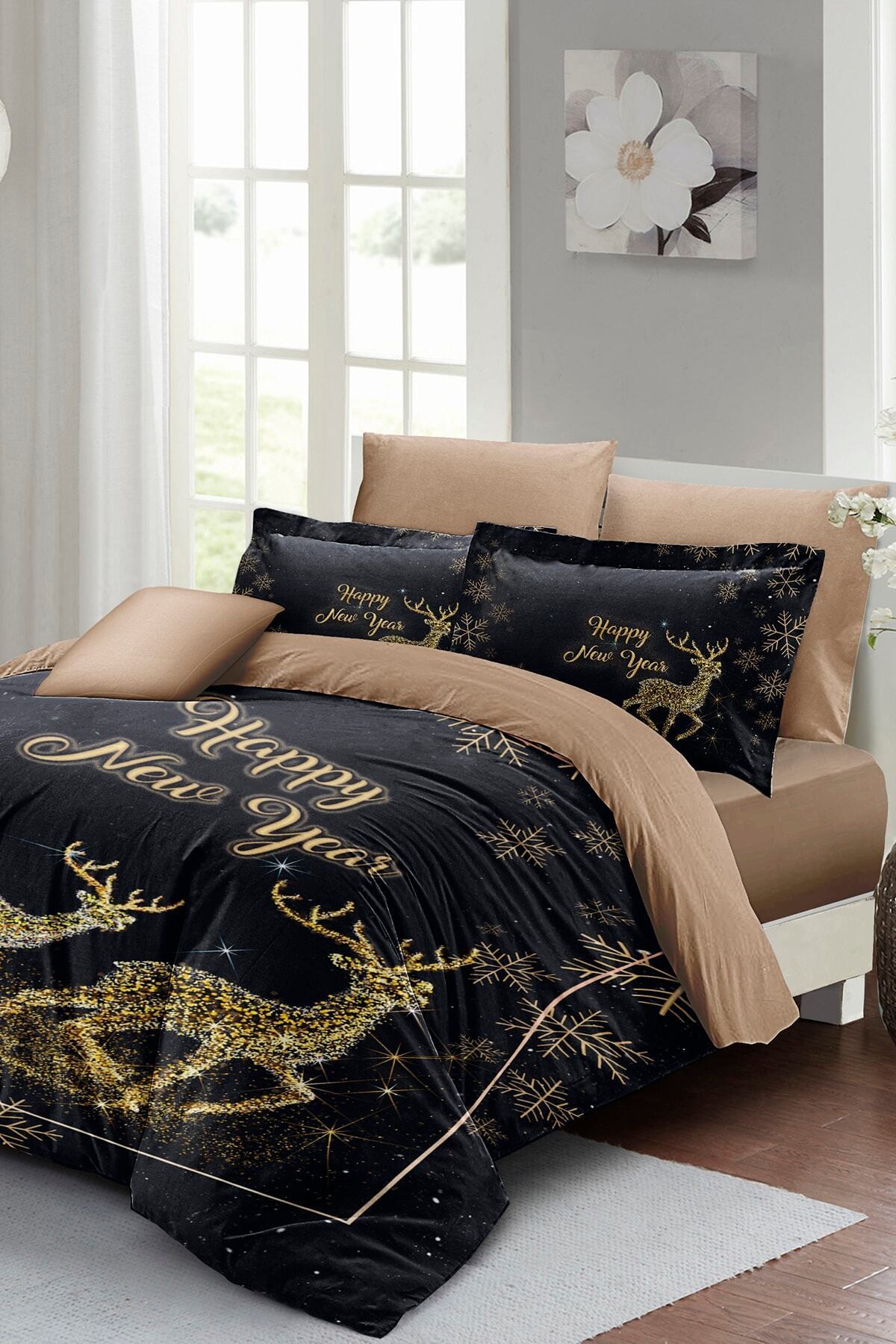 Kıng Sıze Yılbaşı Süsü Geyik Noel %100 Pamuk Saten 3d Çift Kişilik Nevresim Takımı 220x240cm