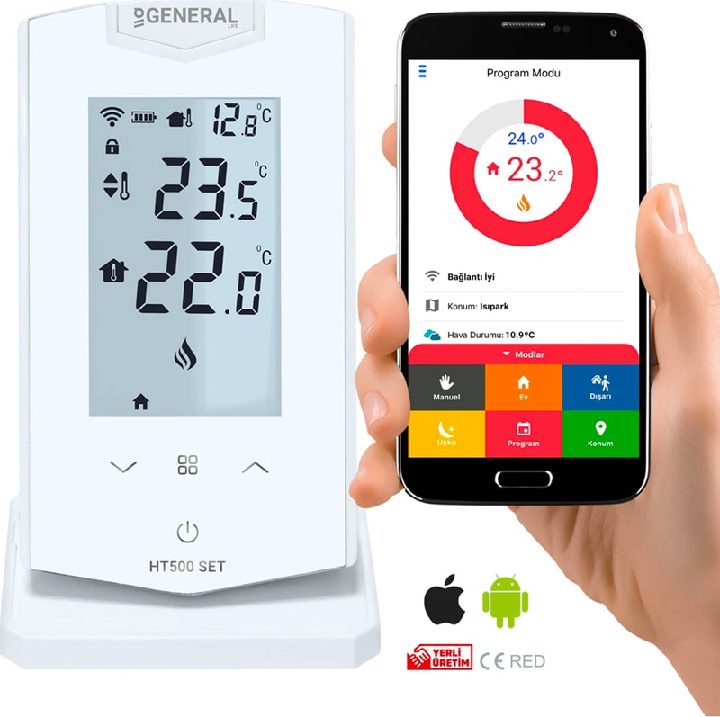 HT500-SET-1 Kablosuz Dijital Oda Termostatı Wifi Uyumlu Geniş LCD Ekranlı Haftalık Programlı