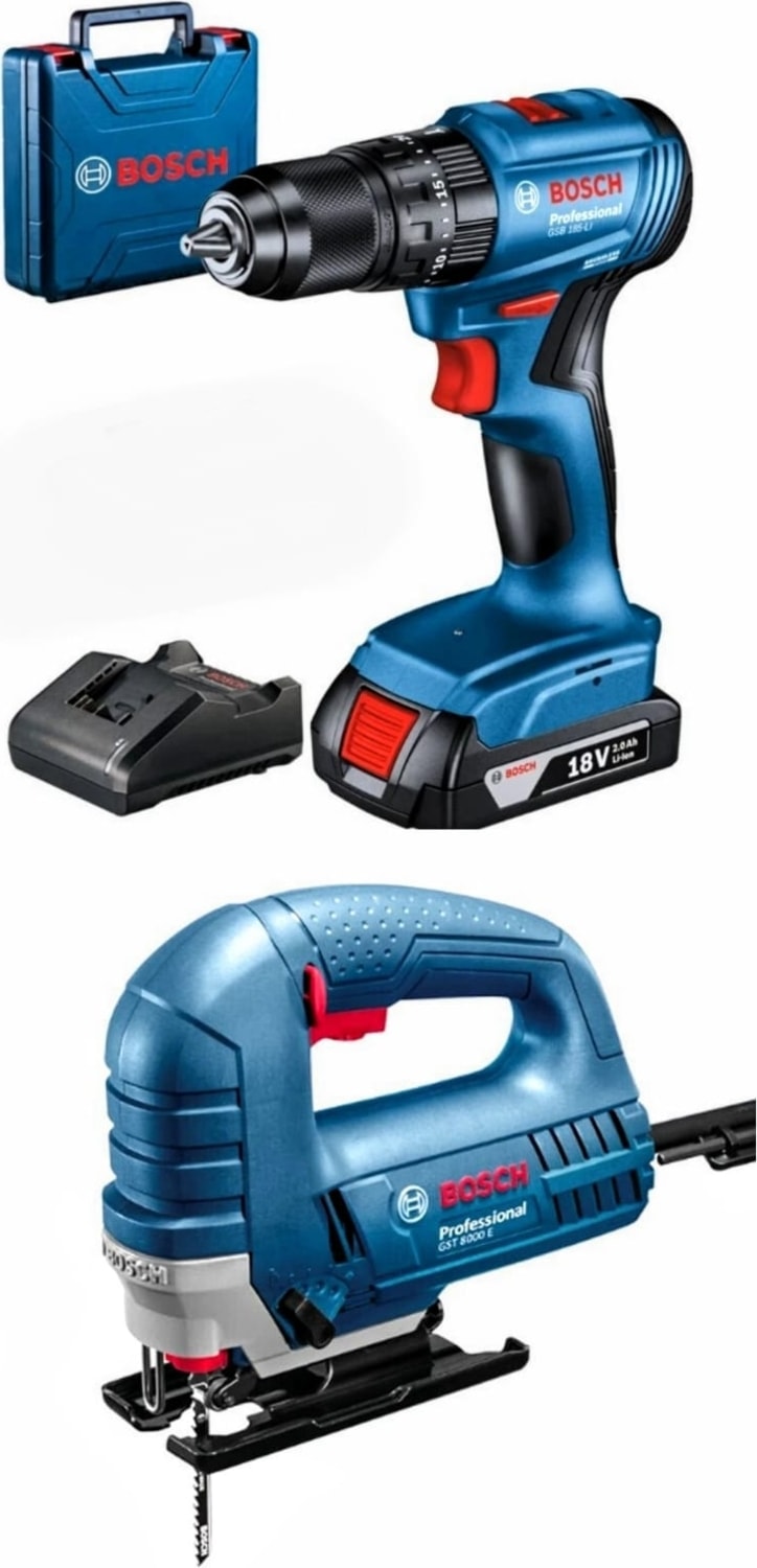 BOSCH 2'li Set Gsb 185 Li (Tek) Bataryalı ve Gst 8000 E Dekupaj Testere