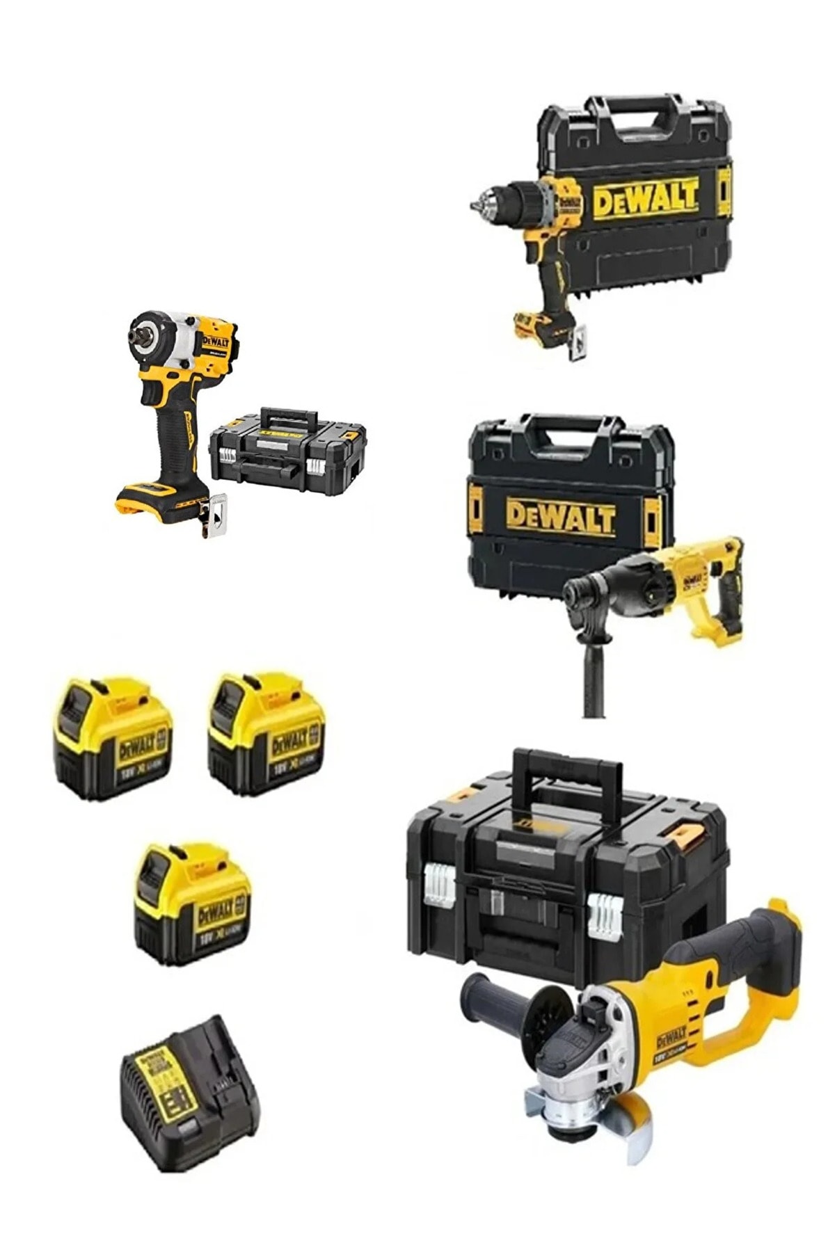 DEWALT Dcf922 ( 400 nm )+dch133( 2.6 j )+dcd805 ( 90 nm ) + dcg412 ( 125 mm ) + 3x 4 ah akü+ dolum cihazı