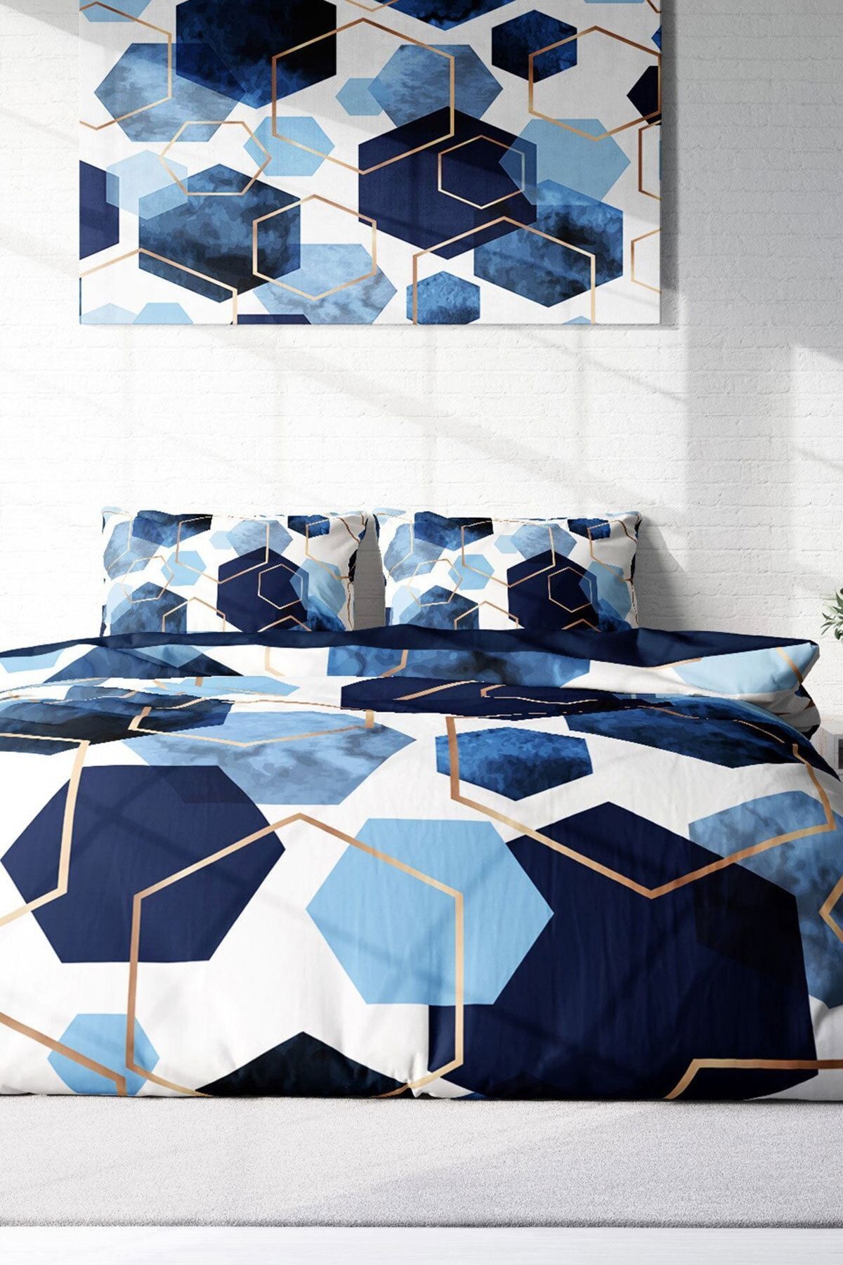 Blue Hexagon 3D Pamuk Saten Çift Kişilik Nevresim Takımı