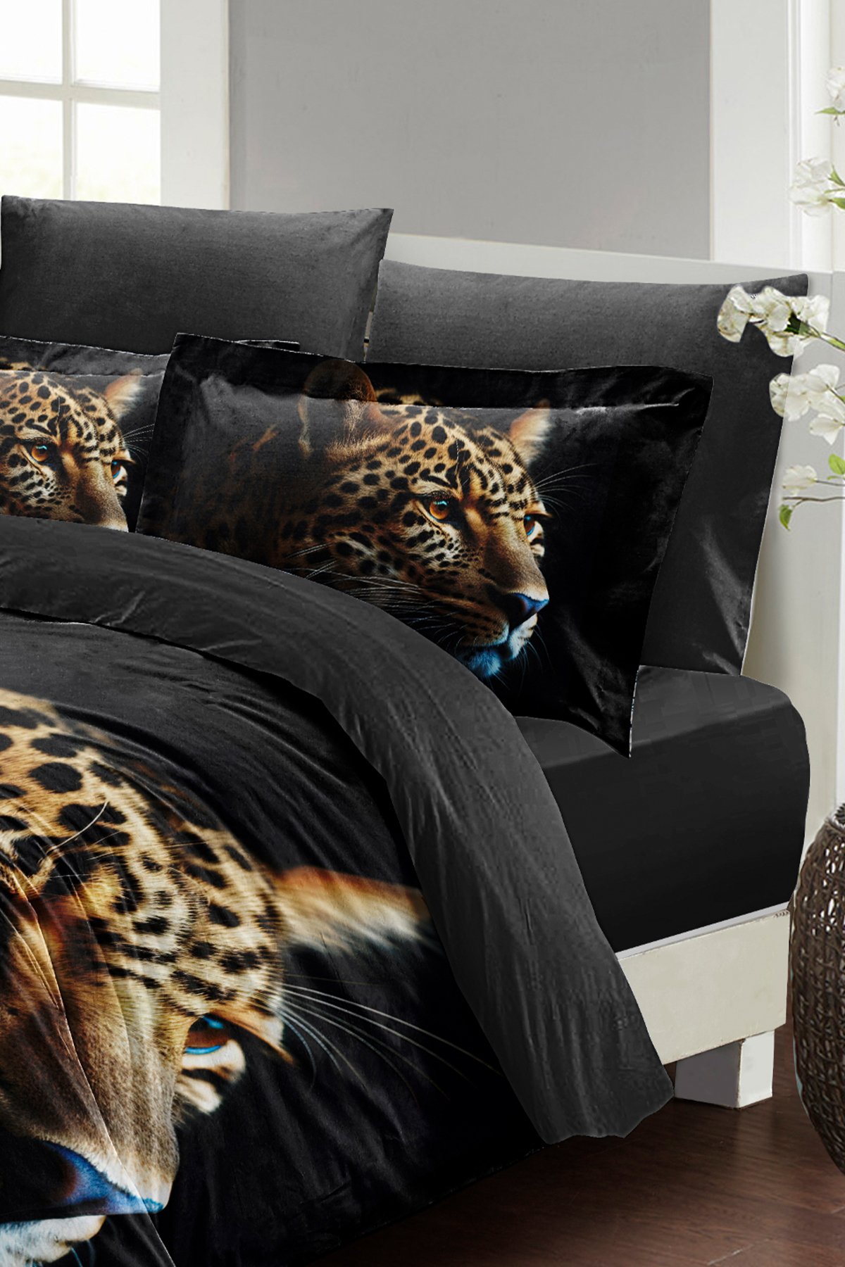 Kıng Sıze %100 Pamuk Saten Çift Kişilik Nevresim Takımı Leopard Face 220x240cm
