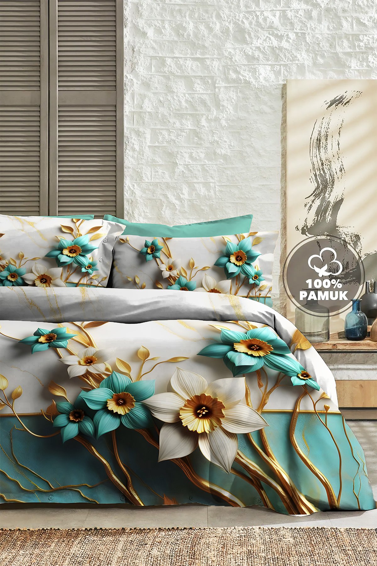 %100 Pamuk Ranforce Çeyizlik Luxury 5d Dijital Çift Kişilik Nevresim Takımı Turkuaz