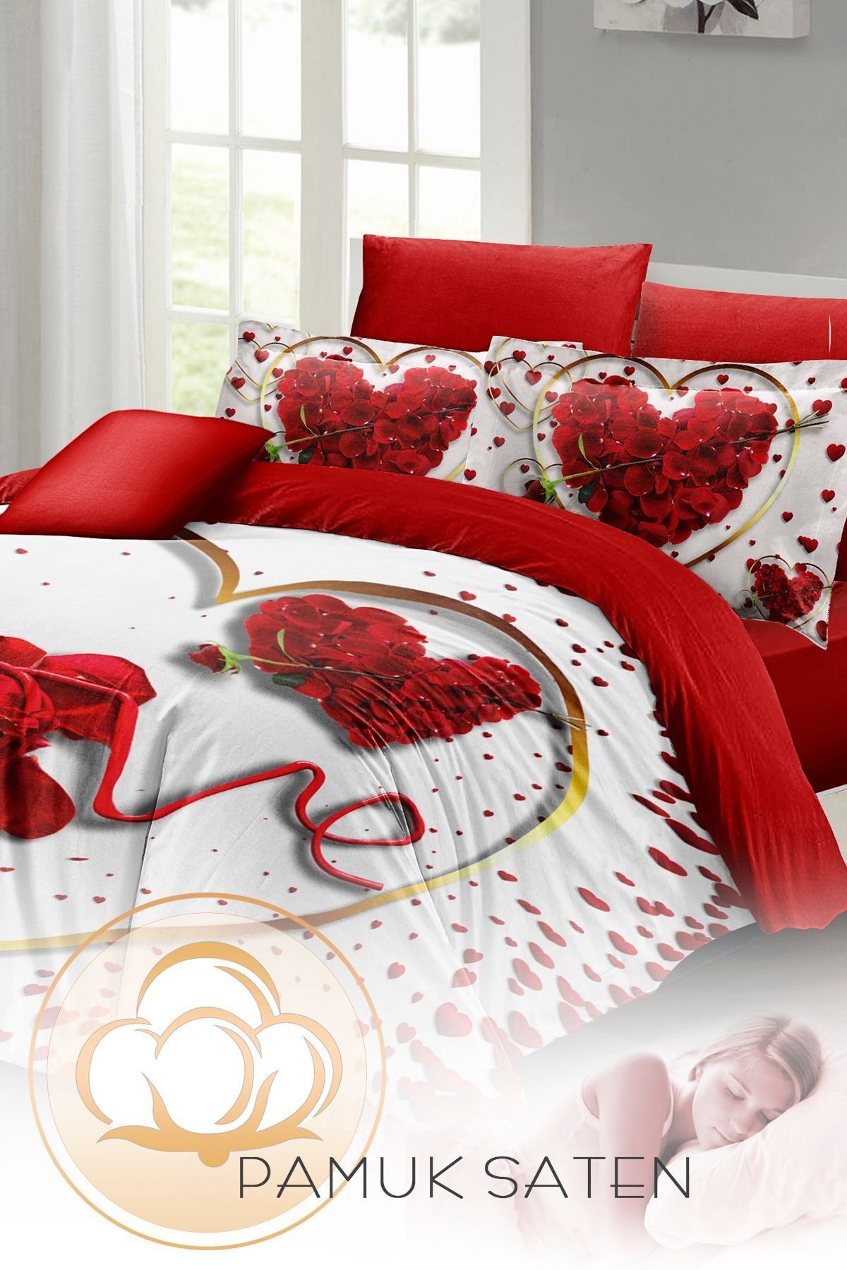 Sevgililer Günü Özel Çift Kişilik Nevresim Takımı Pamuk Saten Love Feather