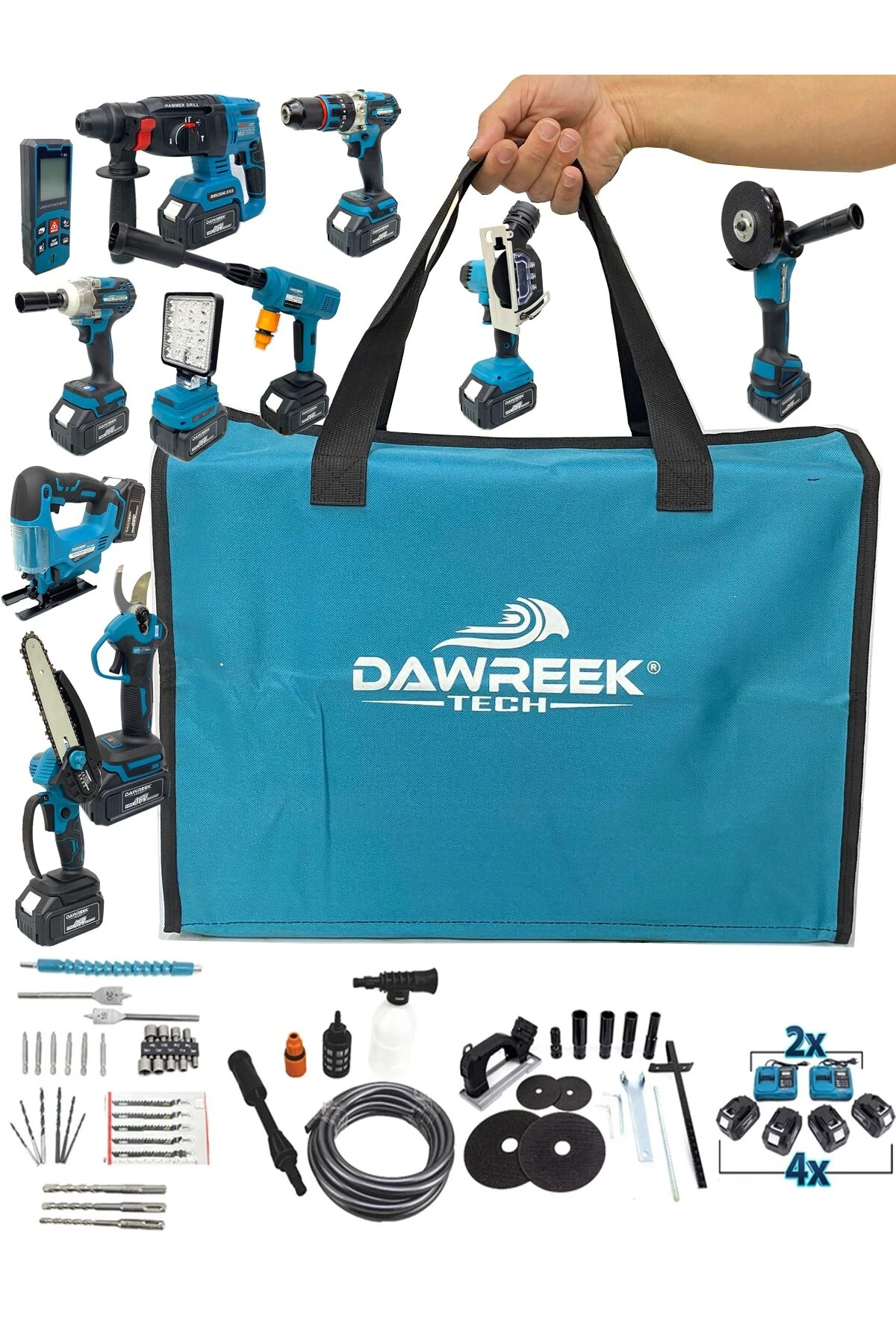 DawreekTech 11'li Şarjlı Pro Set Kırıcı-Taşlama-Matkap-Budama Makas Testeresi -Yıkama-