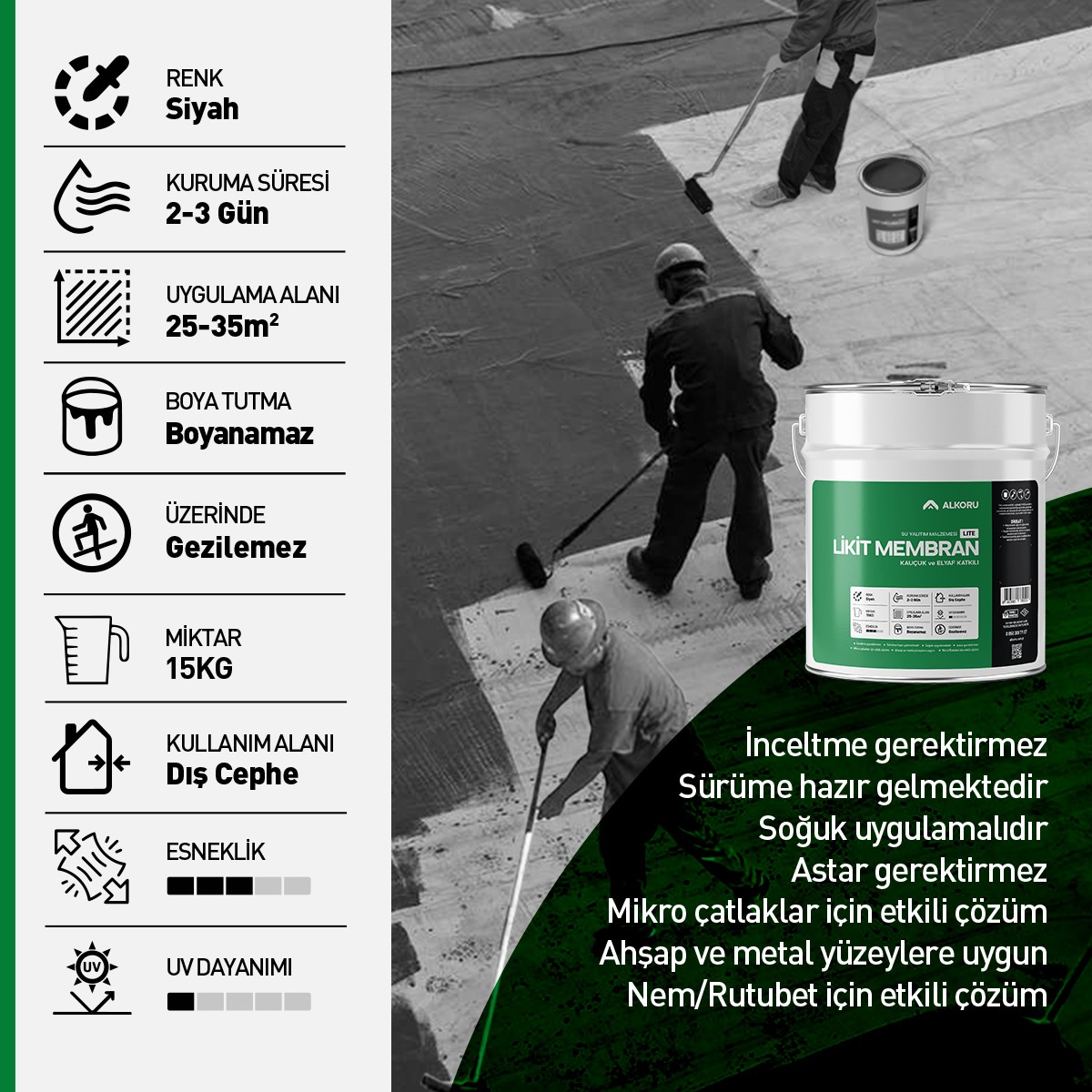 15 kg Lite Likit Membran Kauçuk ve Elyaf Katkılı Sıvı Su Yalıtım Malzemesi