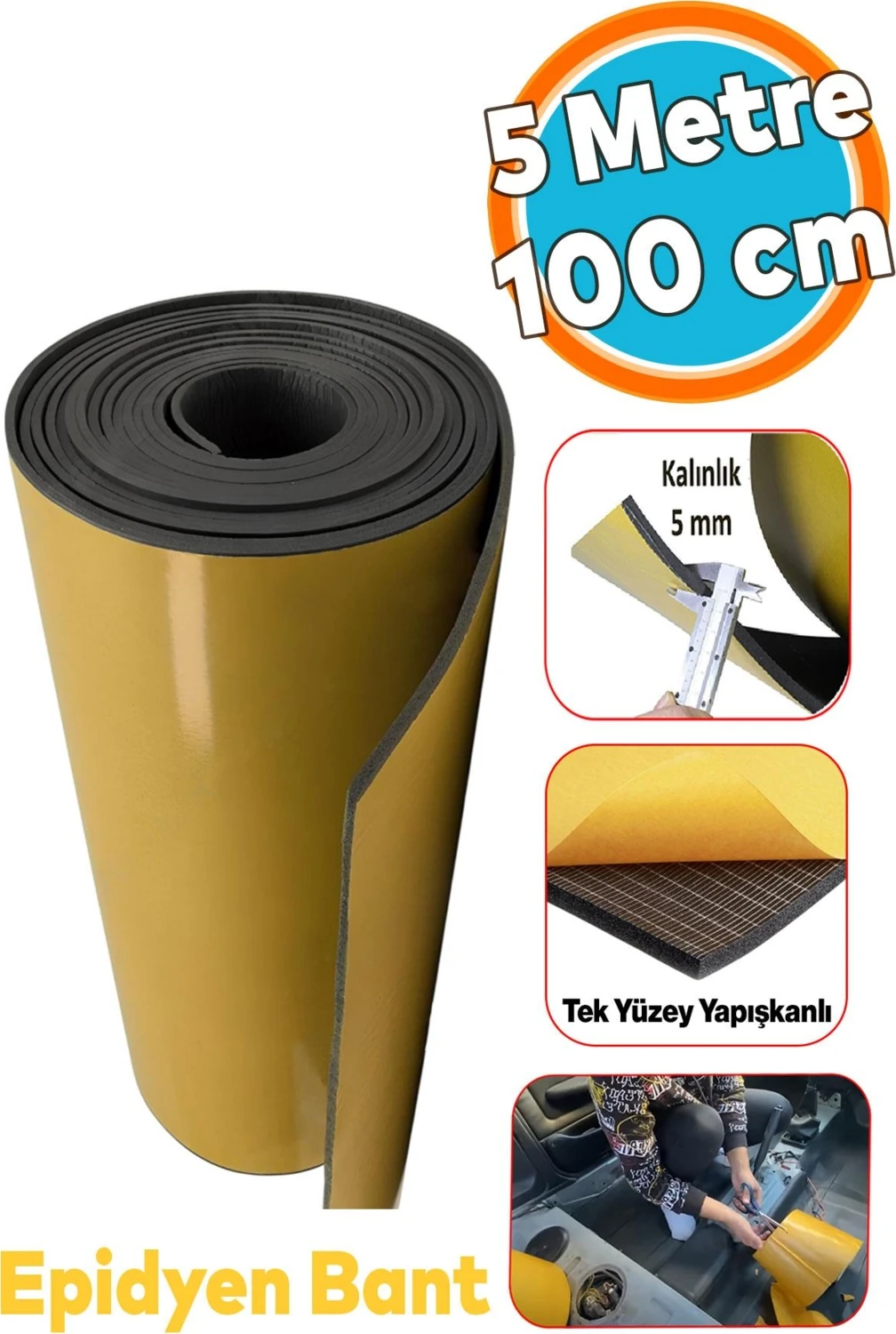 Yapışkanlı Araç Ses Isı Yalıtım Izolasyon Bandı EN:100 cm Kalınlık:5 mm Uzunluk:5 Metre Kauçuk
