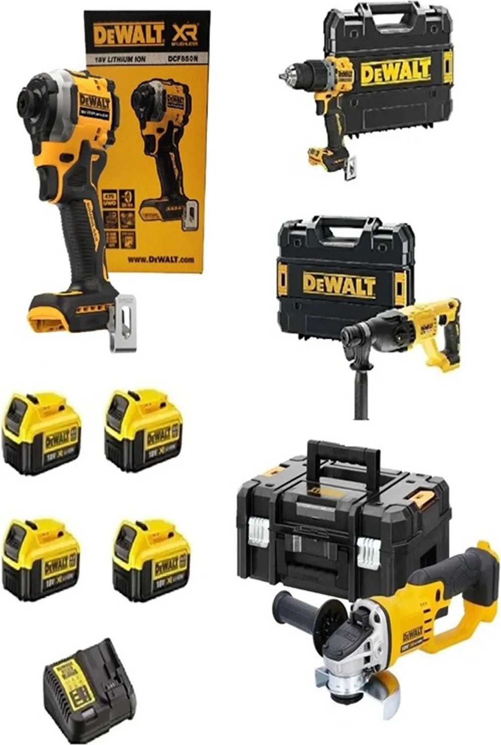 DEWALT DCD805 Darbeli Vidalama+DCF850TORK Vidalama+DCH133 Kırıcı Delici+DCG412 Avuç Taşlama+4 x 4 Ah Akü + 1 Adet Dolum Cihazı
