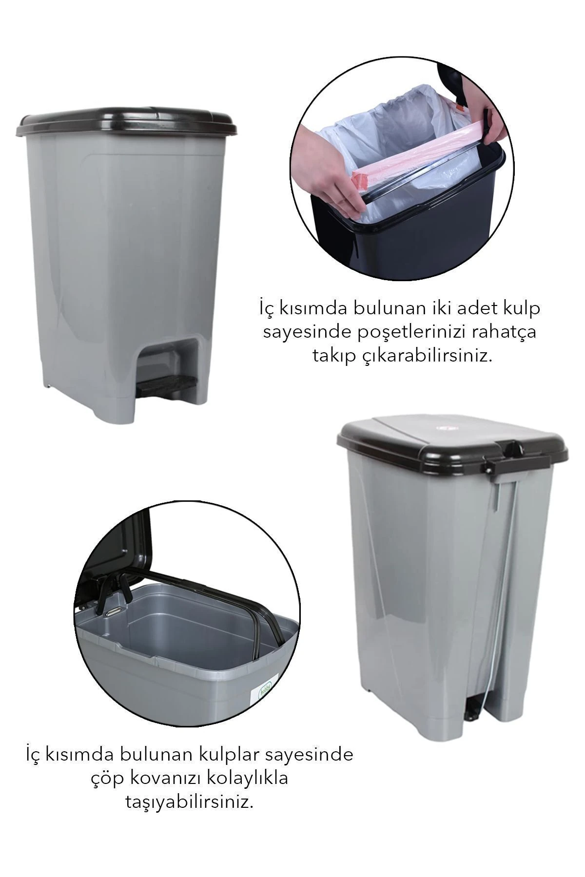 Pedallı Gri Banyo Mutfak Çöp Kovası Siyah Kapaklı Slim Pedallı Çöp Kovası 40 Litre