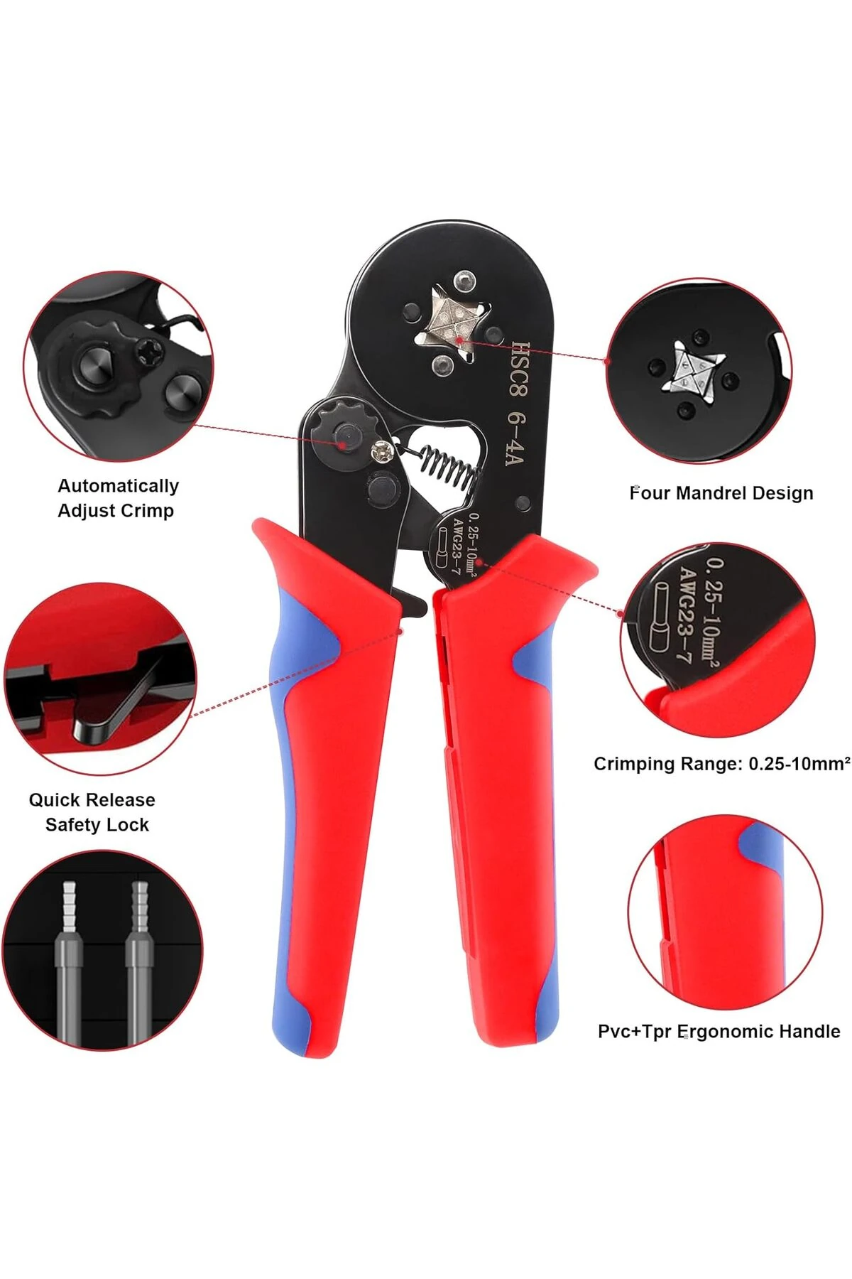 SE-3865-4 Yüksük Sıkma Pensesi.; - 6-4A ve 0.25-10mm² 23-10AWG Elektrik Teli Yüksük Sıkma Pensesi