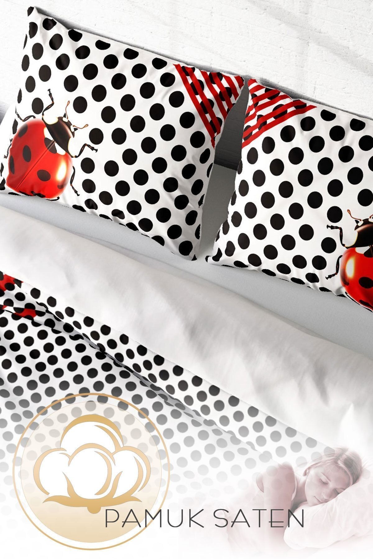 Nevresim Takımı %100 Doğal Pamuk Çift Kişilik 3d Digital Ladybug Naturel