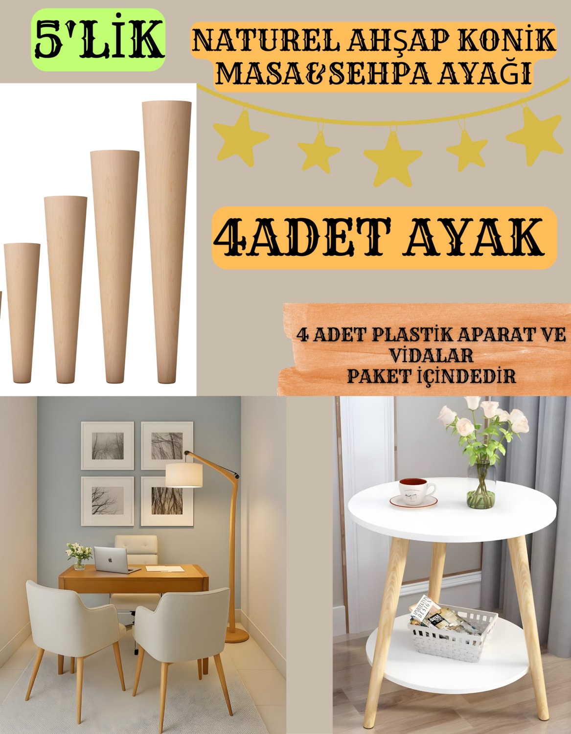 5'lik Naturel Ahşap Masa Sehpa Ayakları 40CM-41CM-42CM-43CM-44CM-45CM