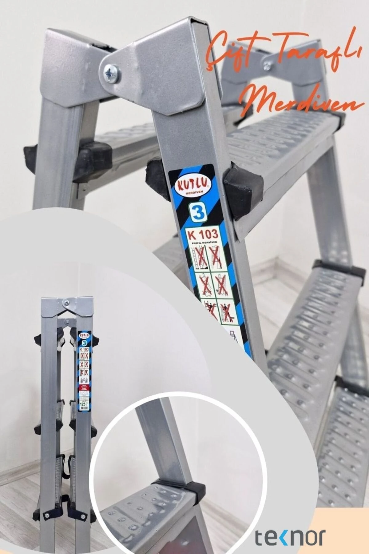 Çift Taraflı Dayanıklı 3+3 Metal Basamaklı Merdiven