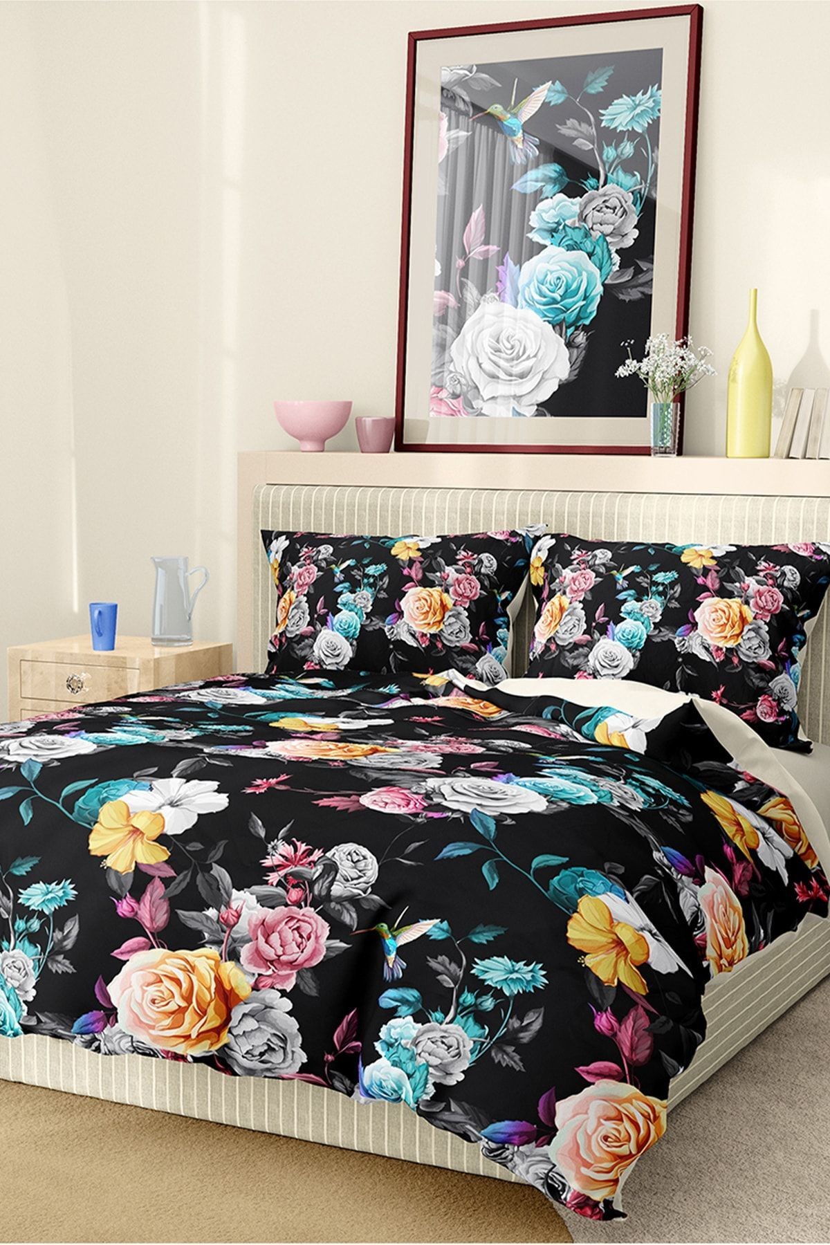 Nevresim Takımı %100 Pamuk Saten Lastikli Çarşaf Deluxe Koleksiyon Çift Kişilik 3d Black