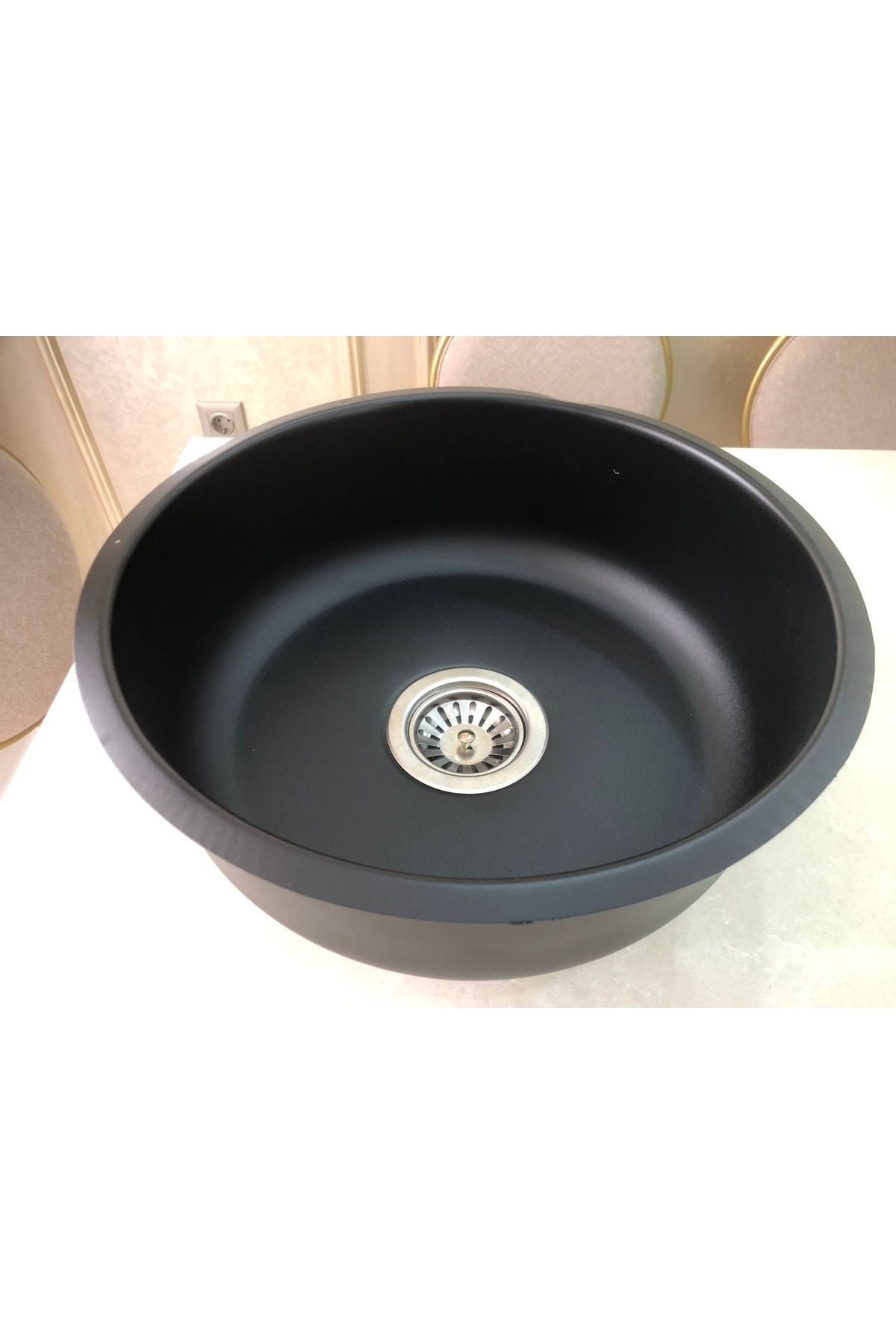 Siyah Grenli Granit Desen Kaplamalı Yuvarlak Alttan K38 Paslanmaz Evye