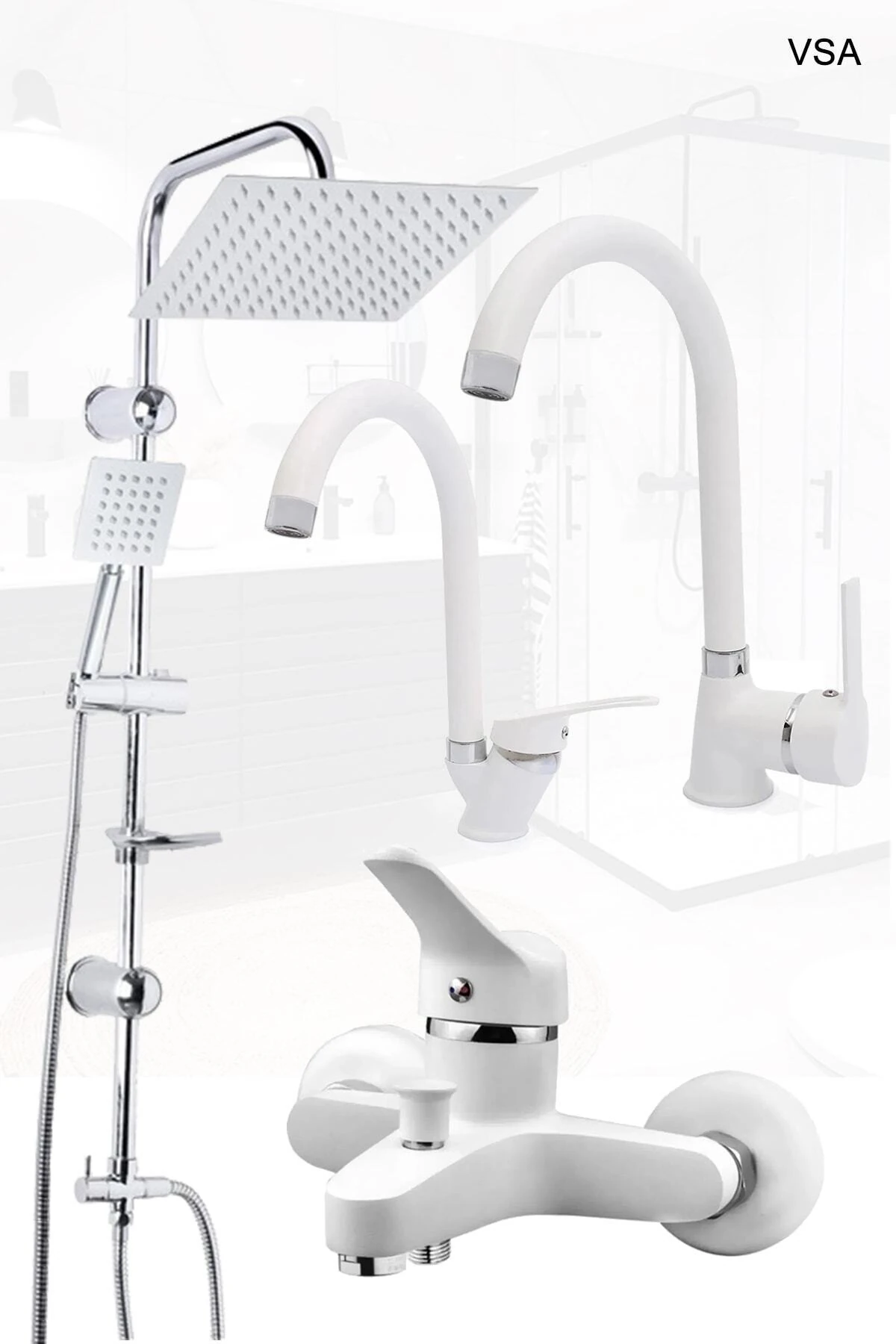 Beyaz Robot Yağmurlama Duş Seti Banyo Mutfak Lavabo Bataryası Pirinç Musluk Seti