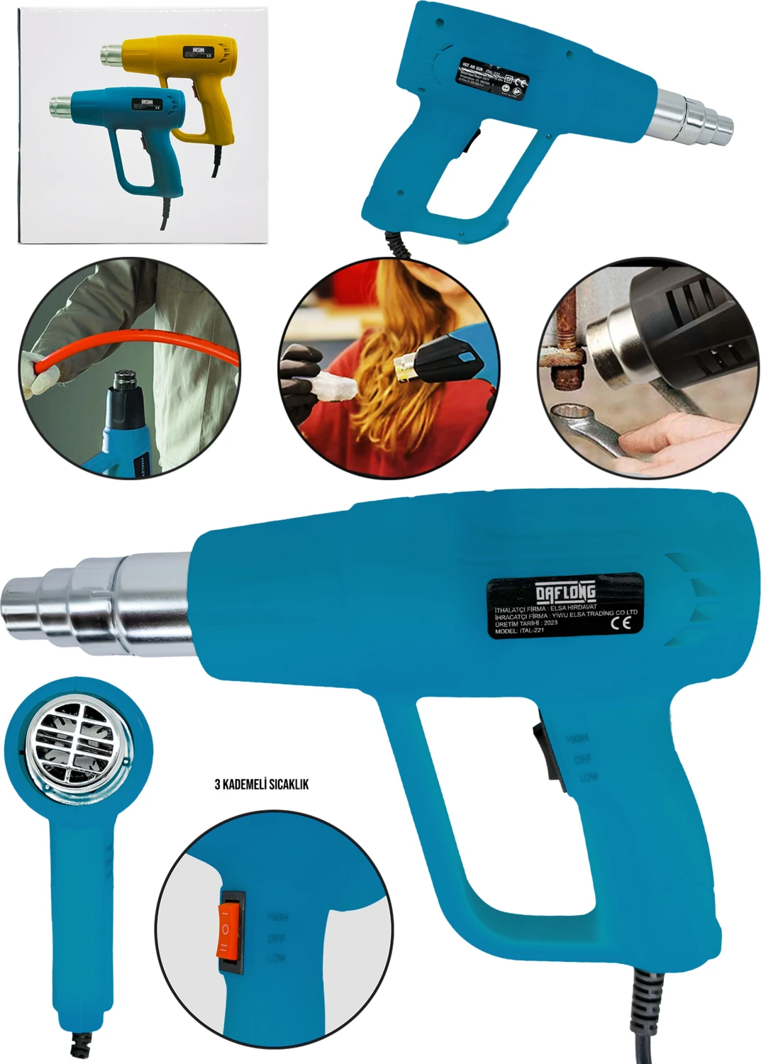 ITL-39M Darbeye Dayanıklı Bakır Sargılı Rezistans 2 Kademeli Sıcak Hava Tabancası Isı Makina-Mavi