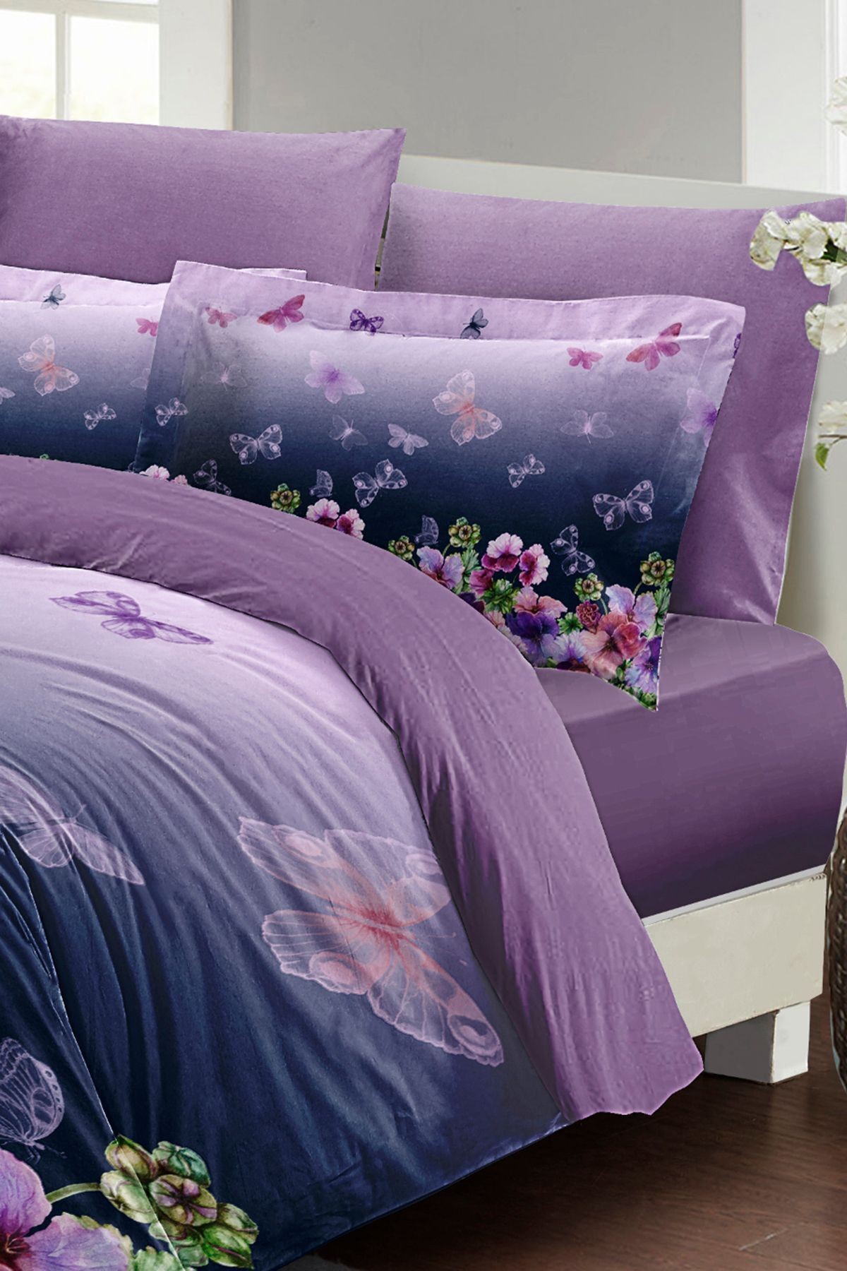 Anneler Günü Çift Kişilik Nevresim Takımı Özel Dokuma Pamuk Saten Butterflies Dream