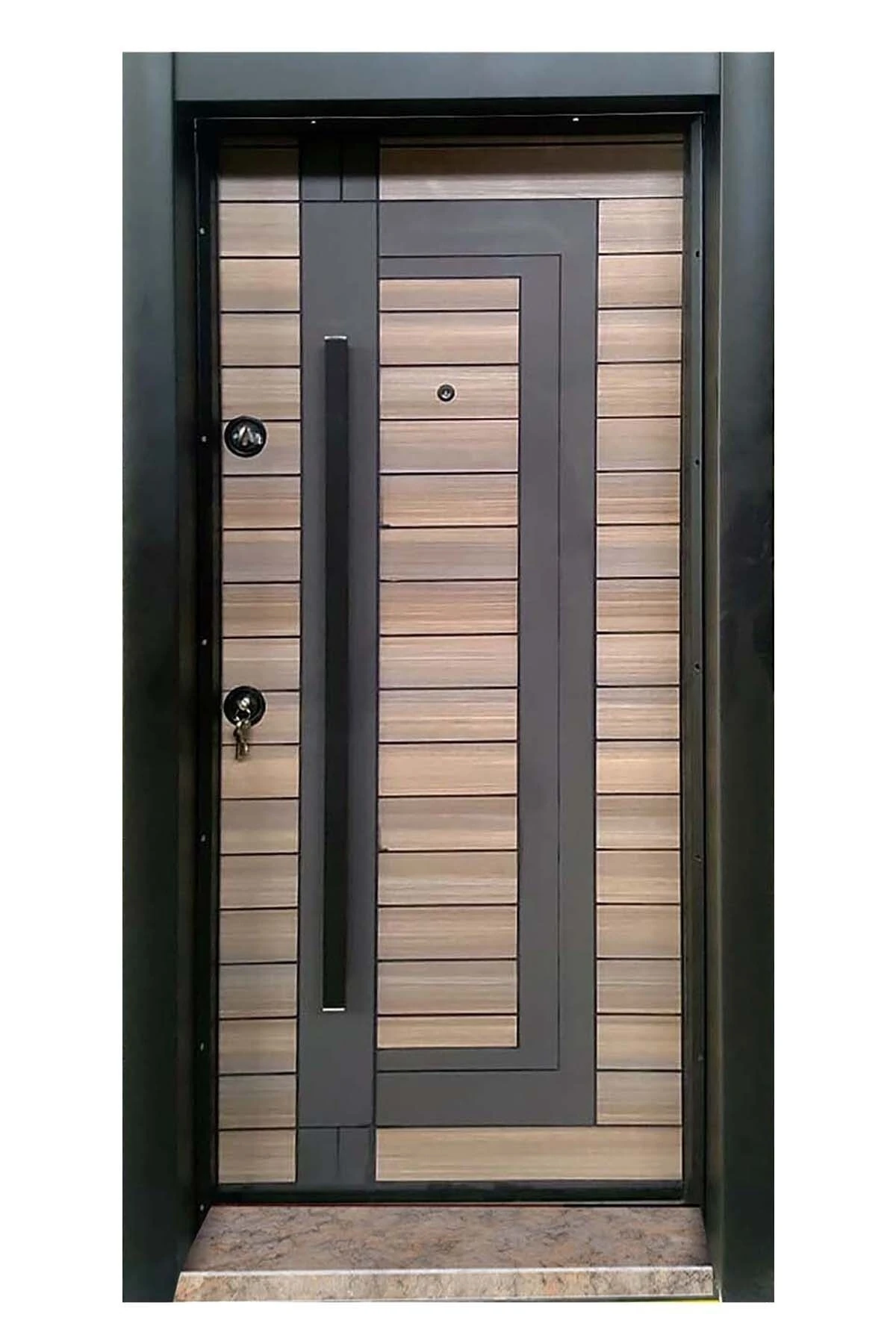 Çelik Kapı Modelleri Siyah Kasalı Rustik Çizgili Düz Model Daire Kapısı Sağ Açılım