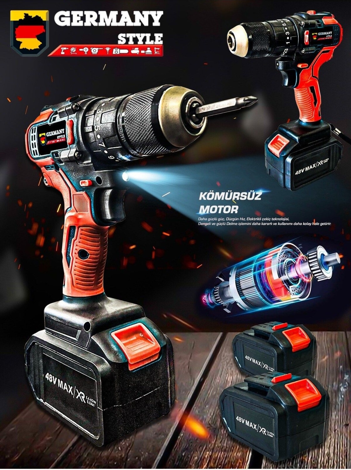 GRM9007 48V 5 Ah Profesyonel Darbeli Yüksek Tork Kömürsüz Motor Güçlendirilmiş Çift Ak