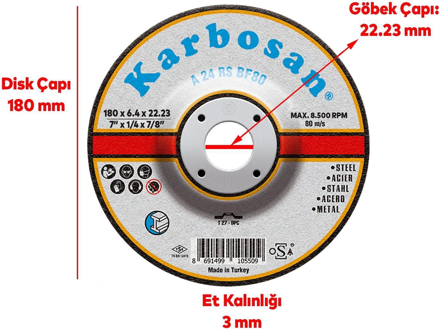 KARBOSAN Metal Kesici Taş Disk Taşlama Spiral Demir Kesme Diski 180X3.0X22.23 mm