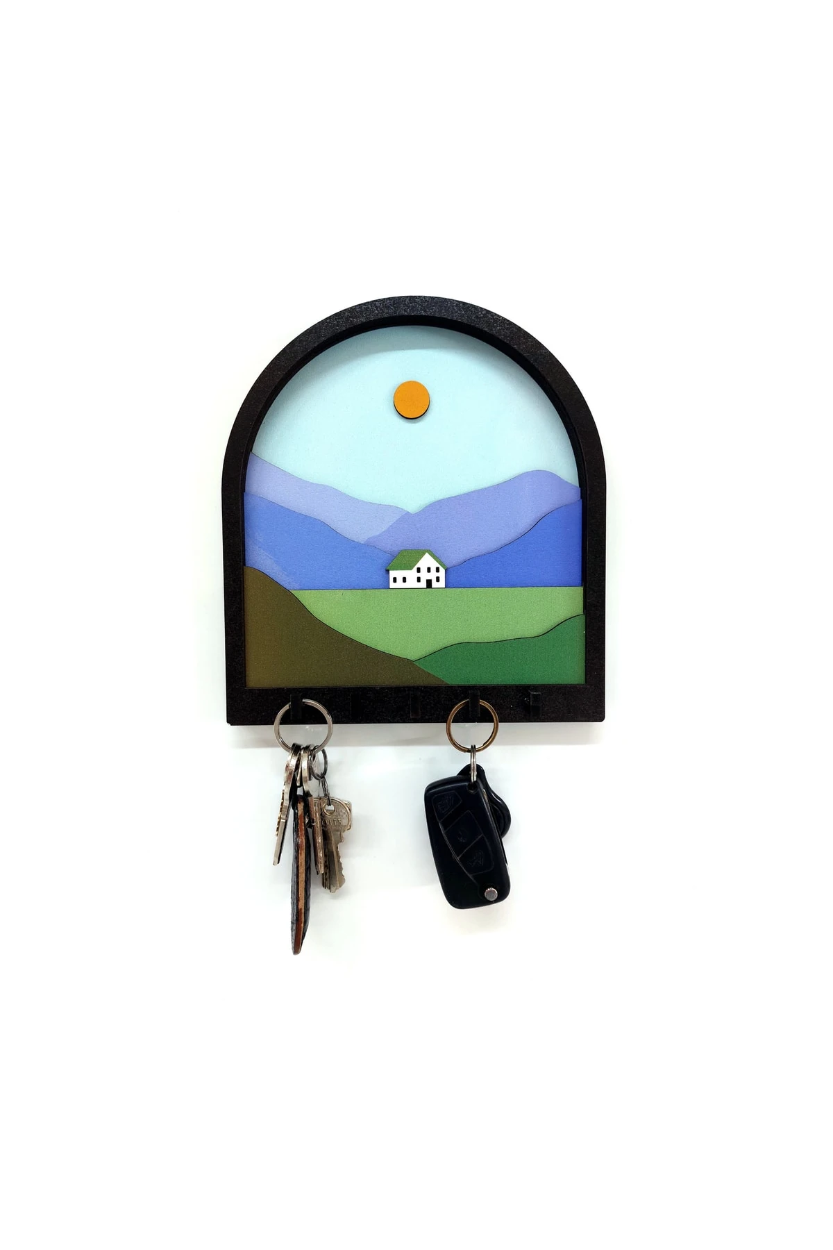 Ahşap Renkli Dağ Ova Ev 3d Kabartma Hol Askı Anahtarlık