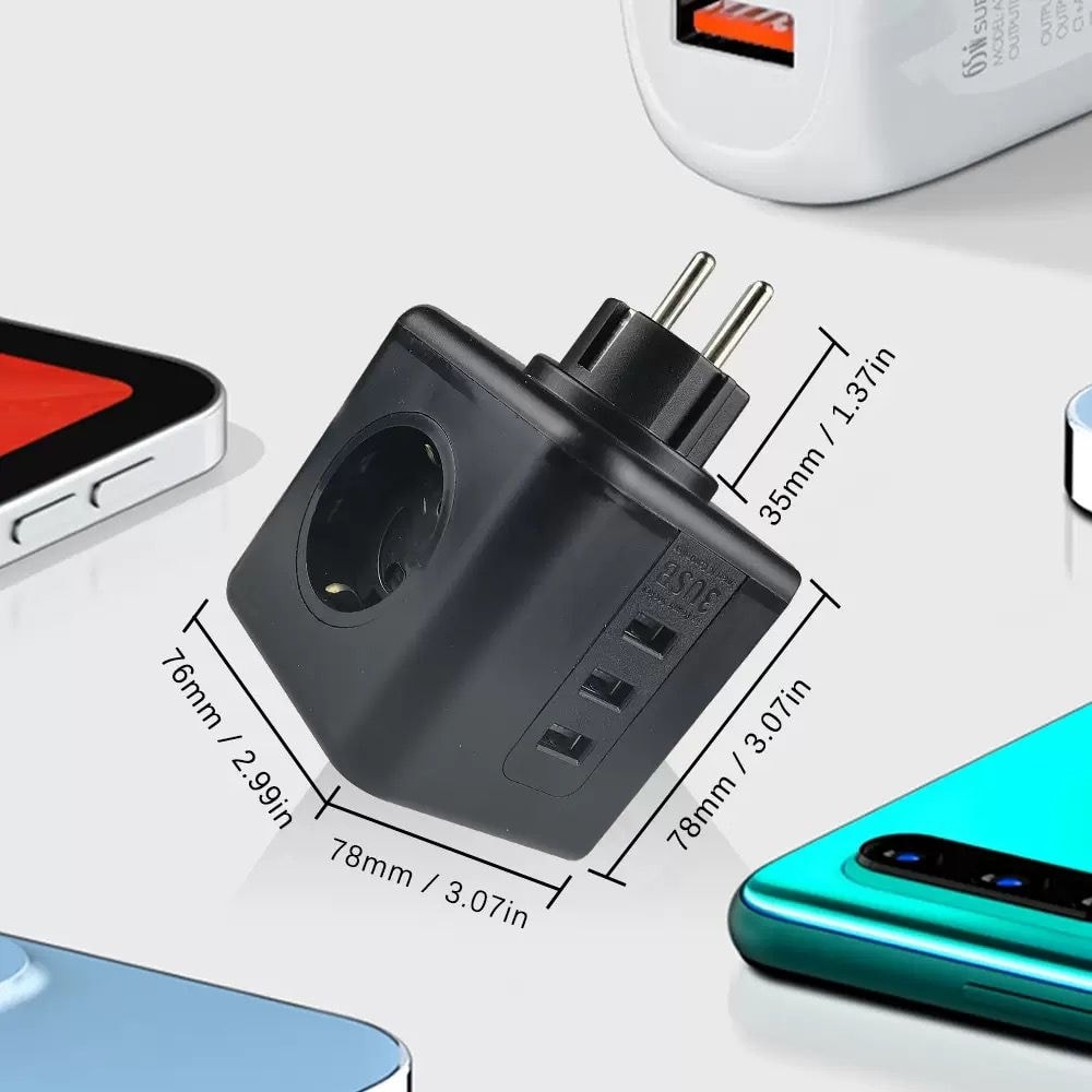 Termal Akım Korumalı Isıya Dayanıklı 3'lü Duvar Tipi Priz 2 x USB 1 x Type C Çıkışlı