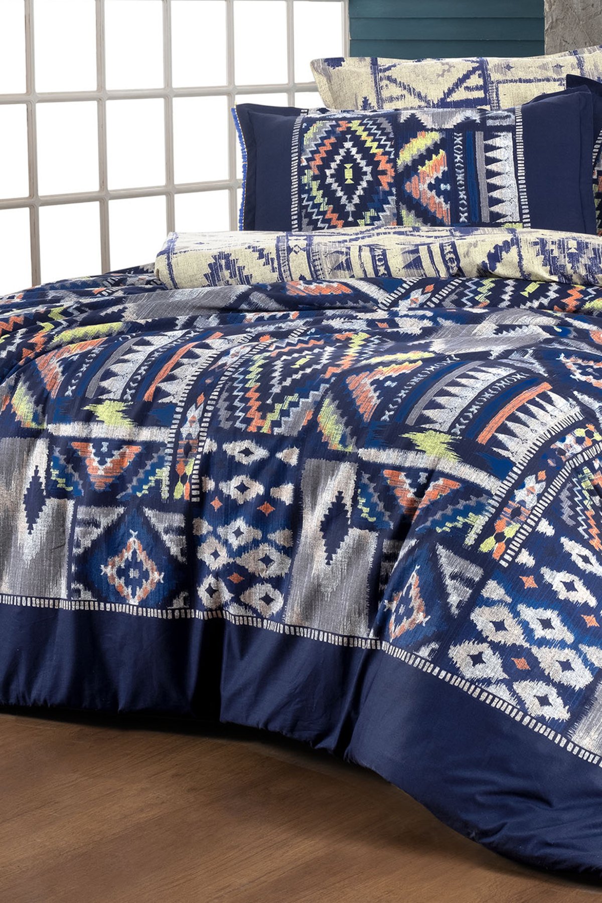Gilya Mavi King Size (Battal Boy) %100 Pamuk Poplin Yıkamalı Çift Taraflı Nevresim Takımı