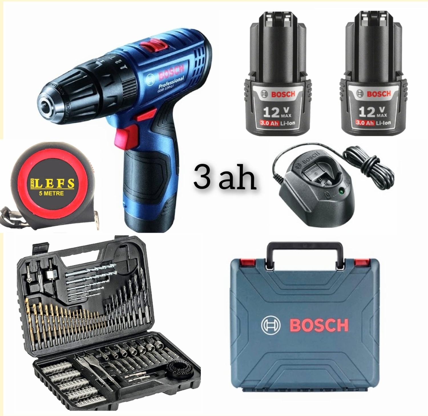 BOSCH Gsb 120 Li Darbeli Vidalama (3 Ah Çift Batarya) +  103 Parça Uç ve Aksesuar Seti