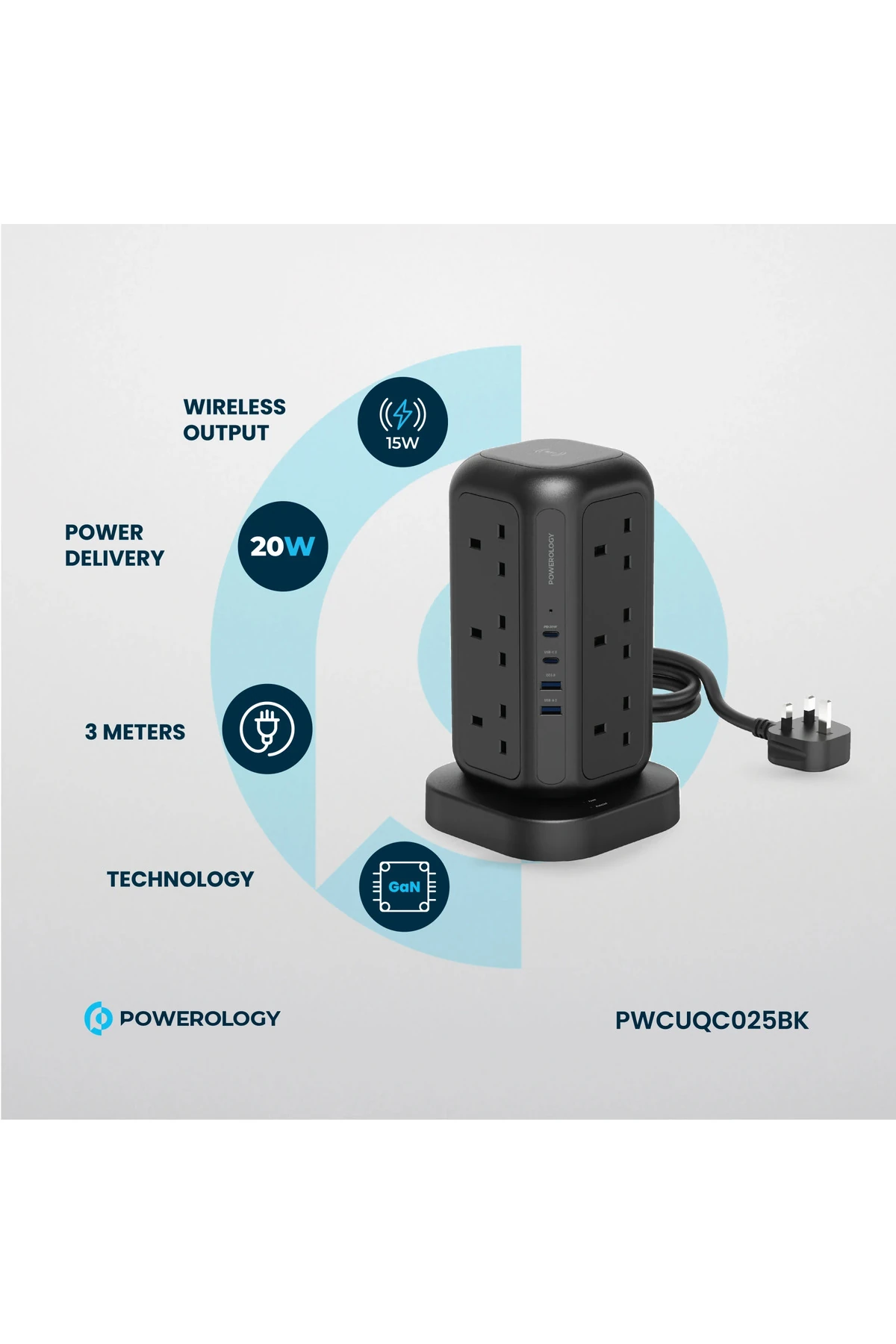 12 Prizli GaN Kule Tipi Çoklu Priz USB ve Kablosuz Şarj