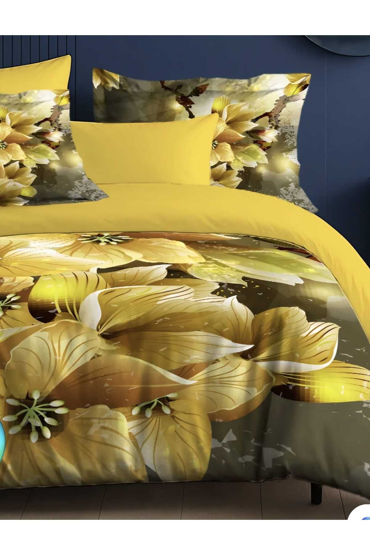 Nevresim Takımı %100 Doğal Pamuk Çift Kişilik 3d Digital Yellow Flowers