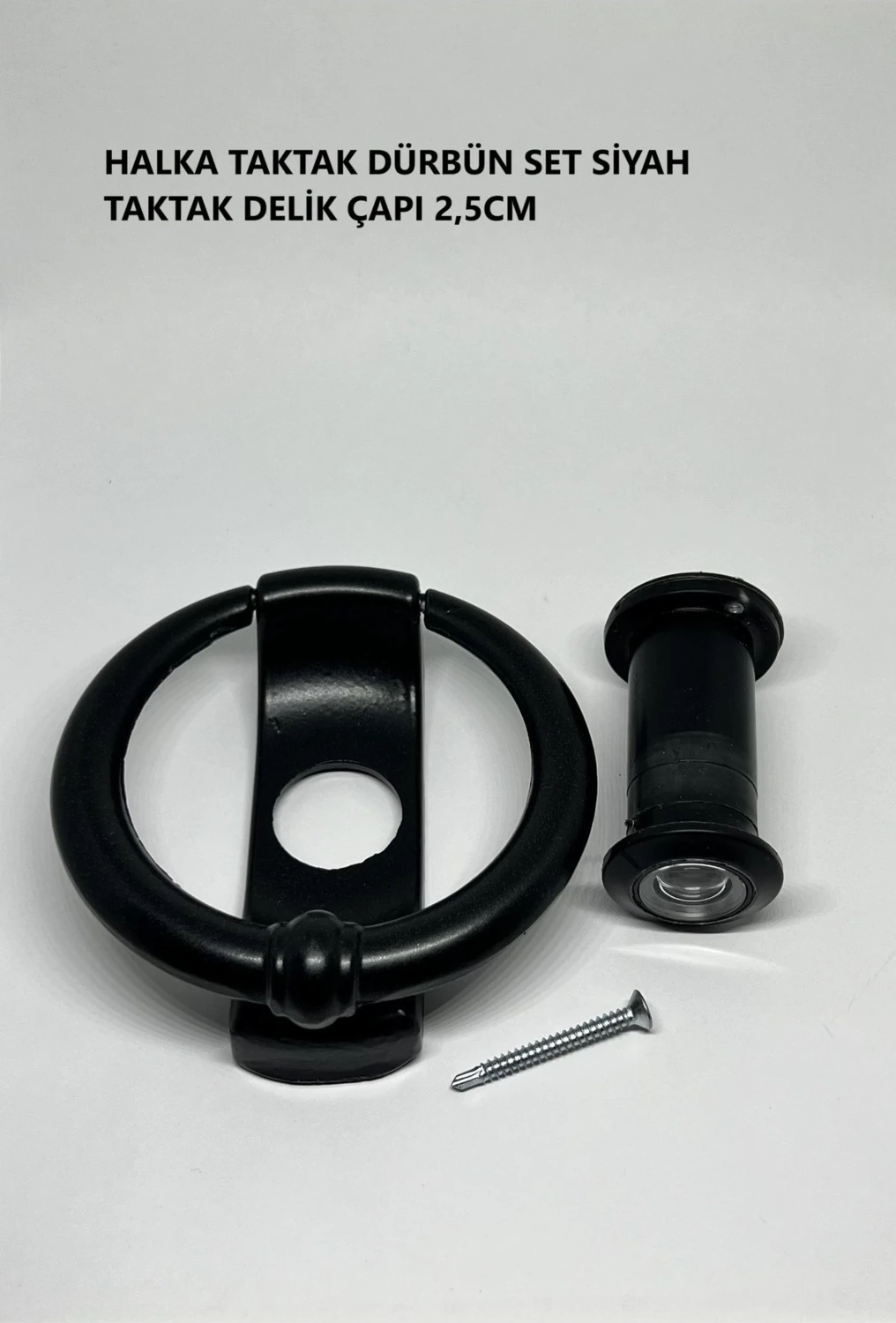 Dürbünlü Çelik Kapı Halka Model Taktak Tokmağı Delik Çapı 2,5cm Renk: Siyah