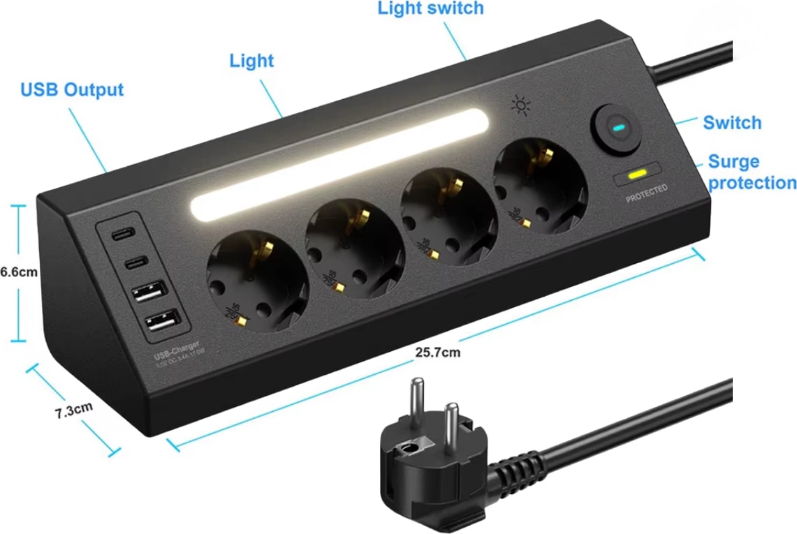 Çoklu Gece Lambalı Priz Yüksek Gerilim Korumalı 4'lü Priz 2xusb 2xtype-C Çıkışlı Grup Priz Çoğaltıcı