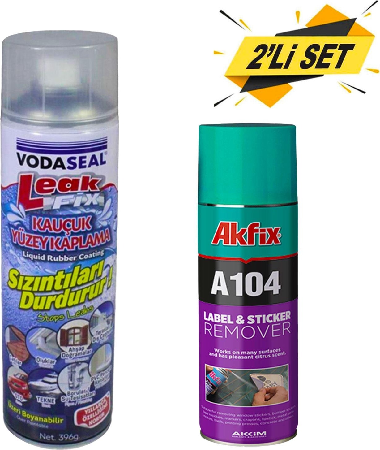 Leak Fix Su Sızdırmaz Sprey Şeffaf 396 gr +Akfix A104 Etiket Sökücü Yapışkan Sökücü Sprey 200 ml