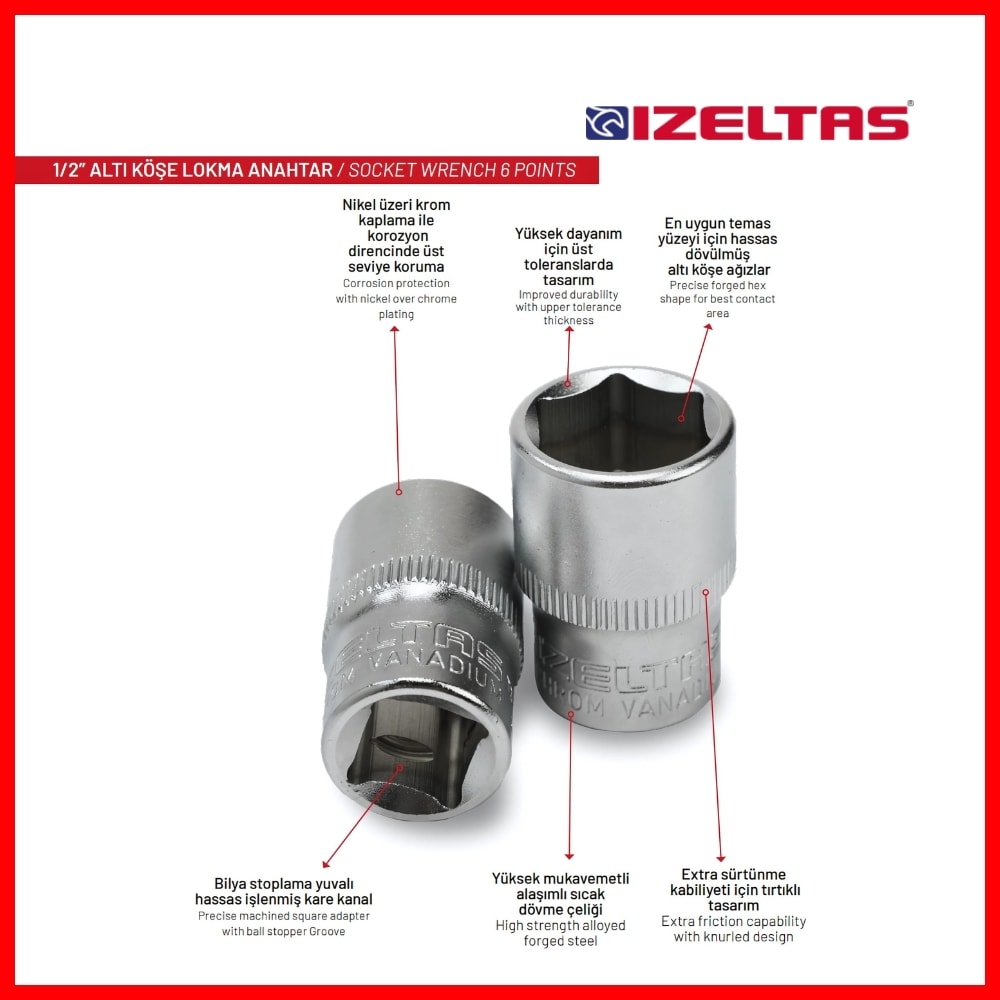 Altı Köşe Lokma Anahtar, 1/2 İnç 22 mm, Yüksek Tork Dayanımı