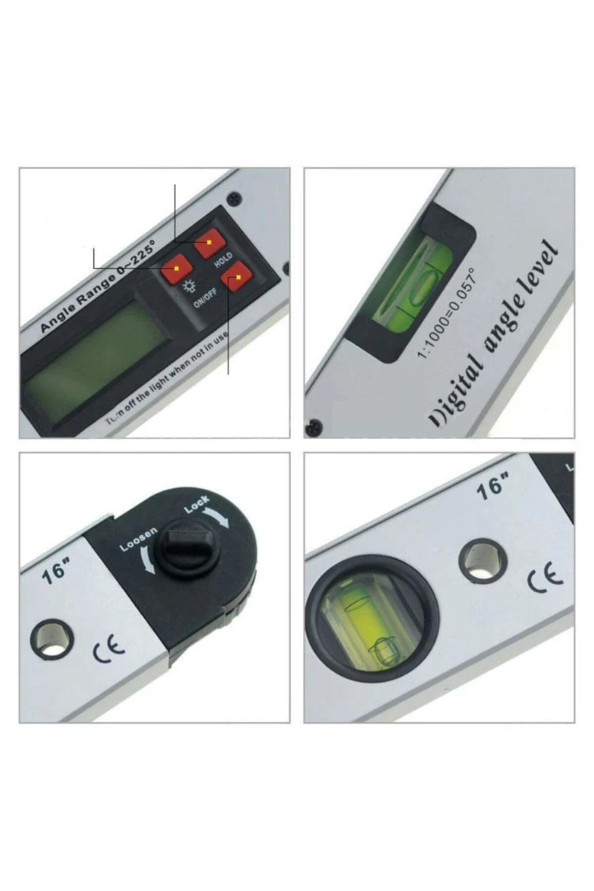 12471 Dijital Açı Ölçerli Su Terazisi 2 Sulu Marangoz Gönye 16"/40 Cm