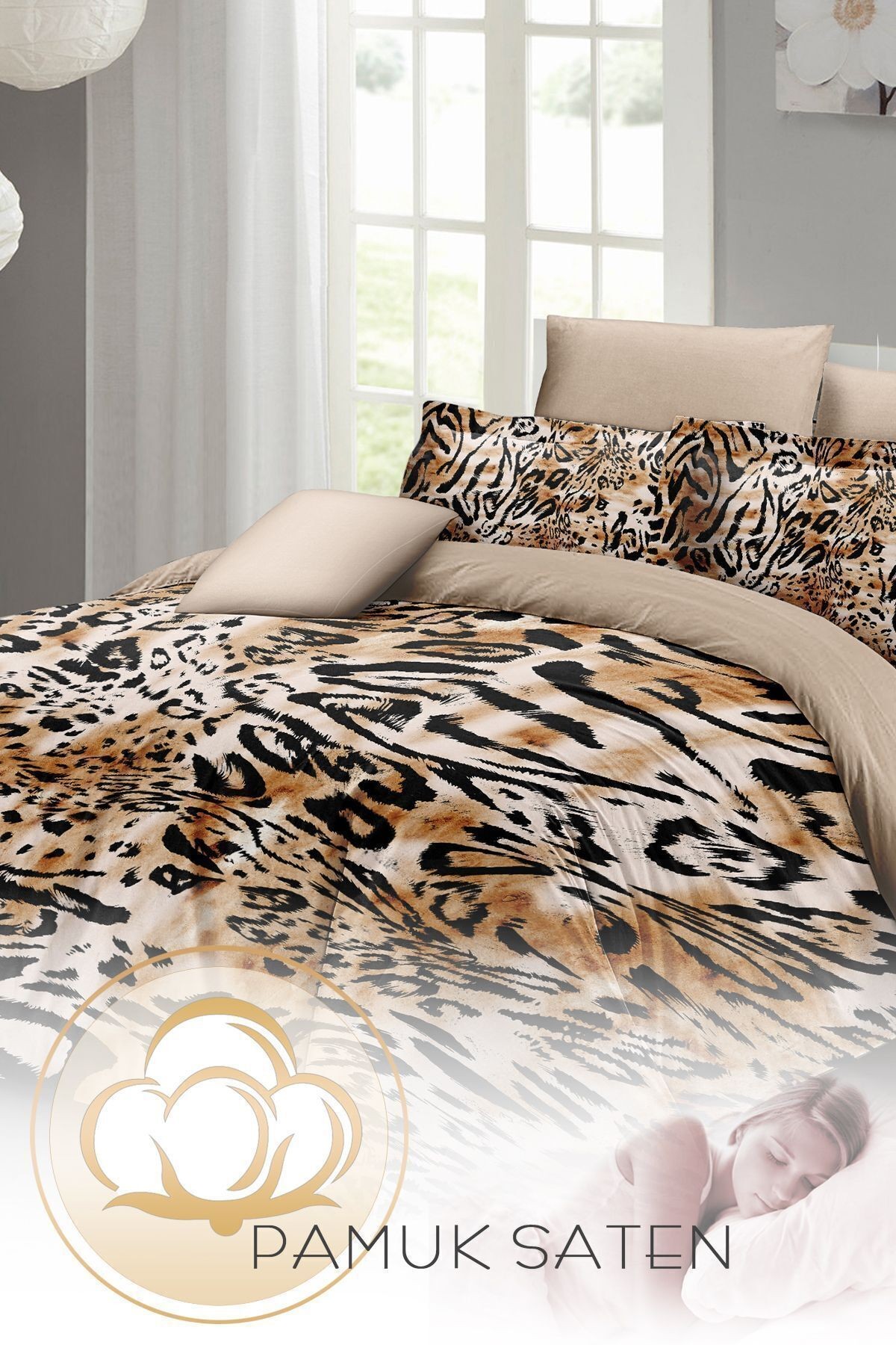 Leopar Lastikli Çarşaflı %100 Pamuk Saten Çift Kişilik Nevresim Takımı Drawing Leopard