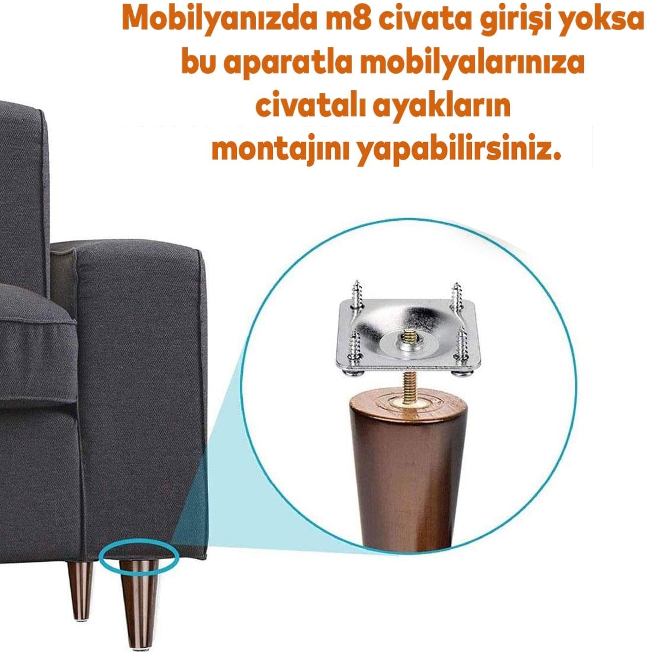 Mobilya Kanepe Baza Koltuk Destek Ayağı M8 Civata 12 Cm Kahverengi Ayakları Bağlantı Aparatı 8li Set