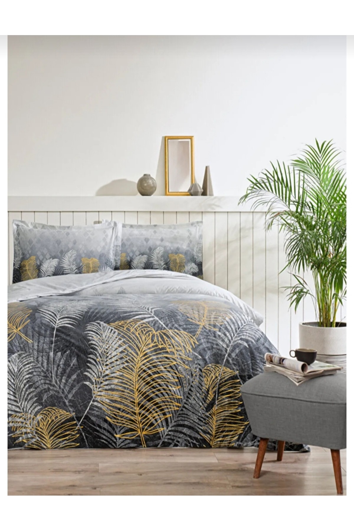 King Size (Battal Boy) Nevresim Takımı Golden Palm Gri