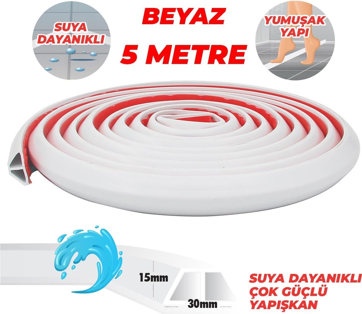 OZKUVVET Duş, Kapı Eşiği, Mutfak Tezgahı Etrafı Su Kesici Bariyer Beyaz 5 Metre
