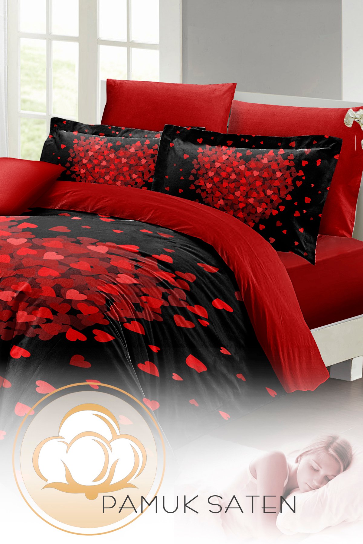 Kalpli Nevresim Çift Kişilik Çeyizlik Özel Tasarım Pamuk Saten Heart Black