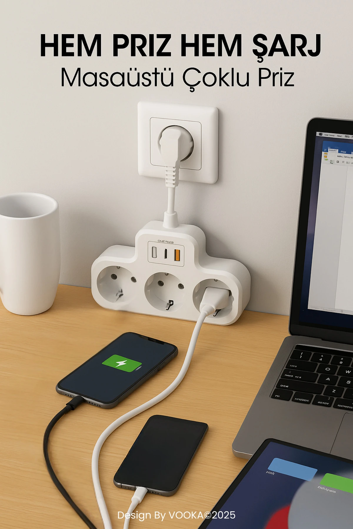 Akıllı Priz Termal Korumalı 3 Prizli Çoklu Akım Prizi | 1 USB-A + 2 USB-C 3 Socket 3680W 16A