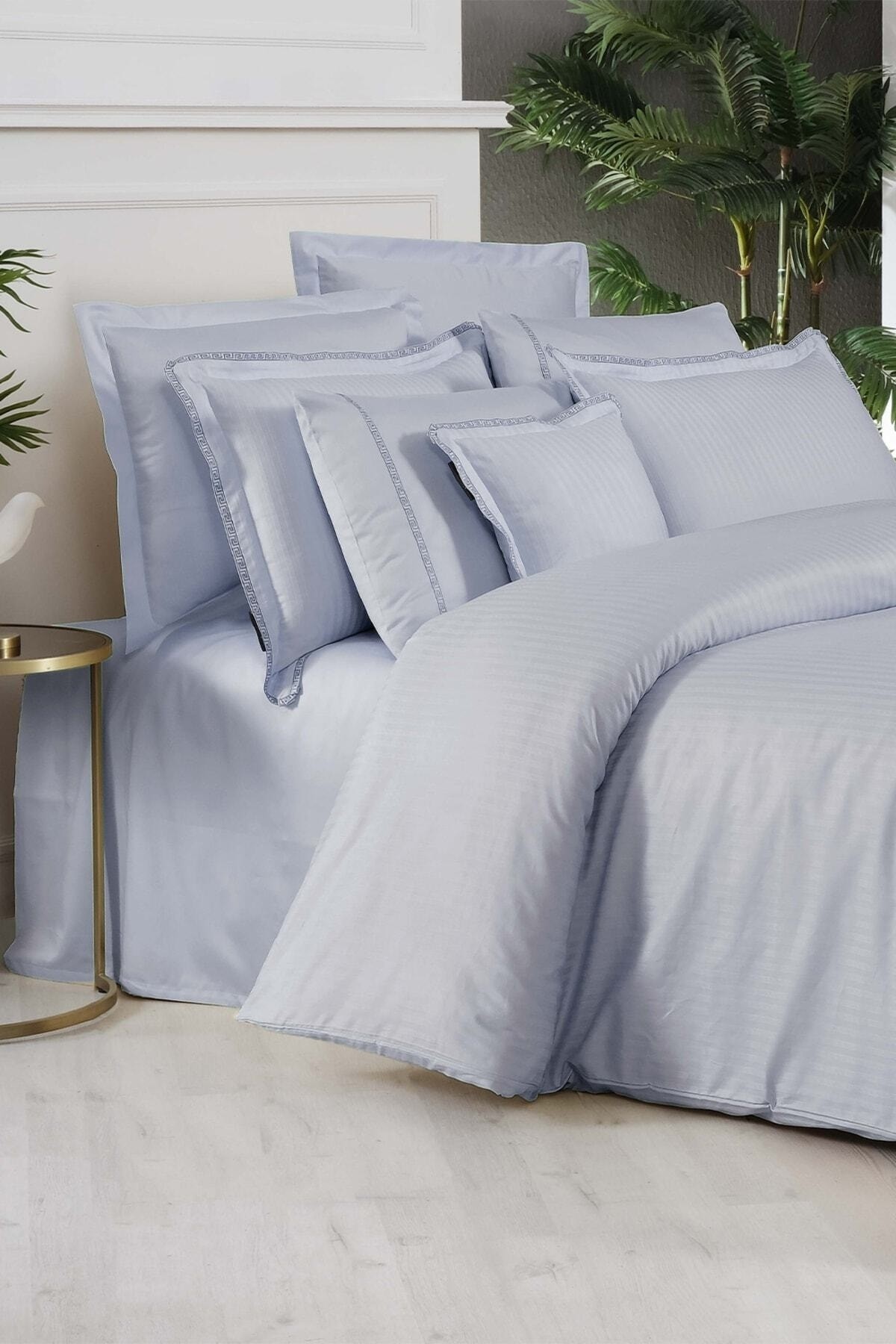 Jacquard Stripe Mavi Çift Kişilik 260 Tc %100 Pamuk Saten Nevresim Takımı